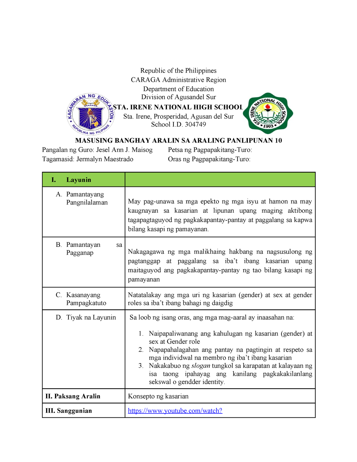 Dlp Week 1 Paksa 1 Konsepto Ng Gender At Sex Republic Of The Philippines Caraga Administrative 5058