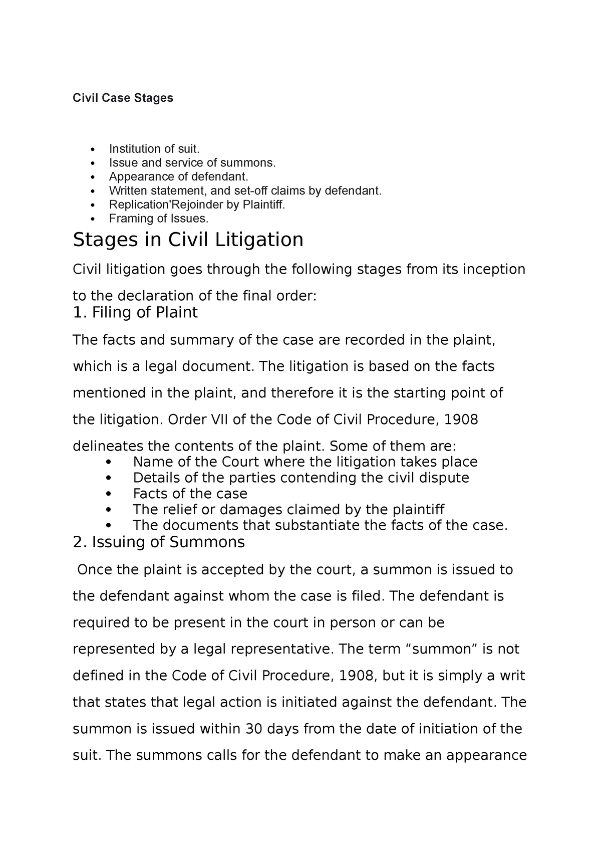 Stages In Civil Case - Cooperative Law - Studocu