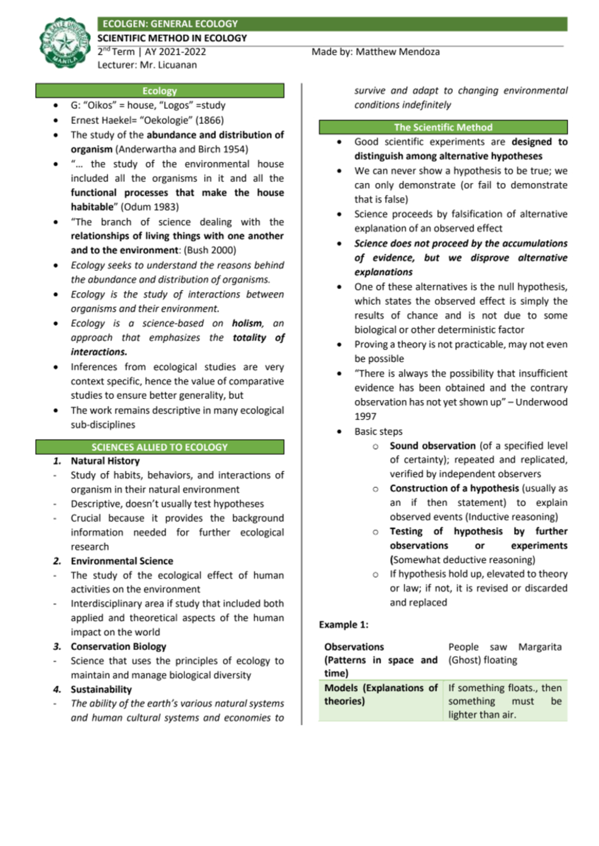 ECOL Comprehensive-Notes-Hippo - General and Applied Ecology - I hypo ...