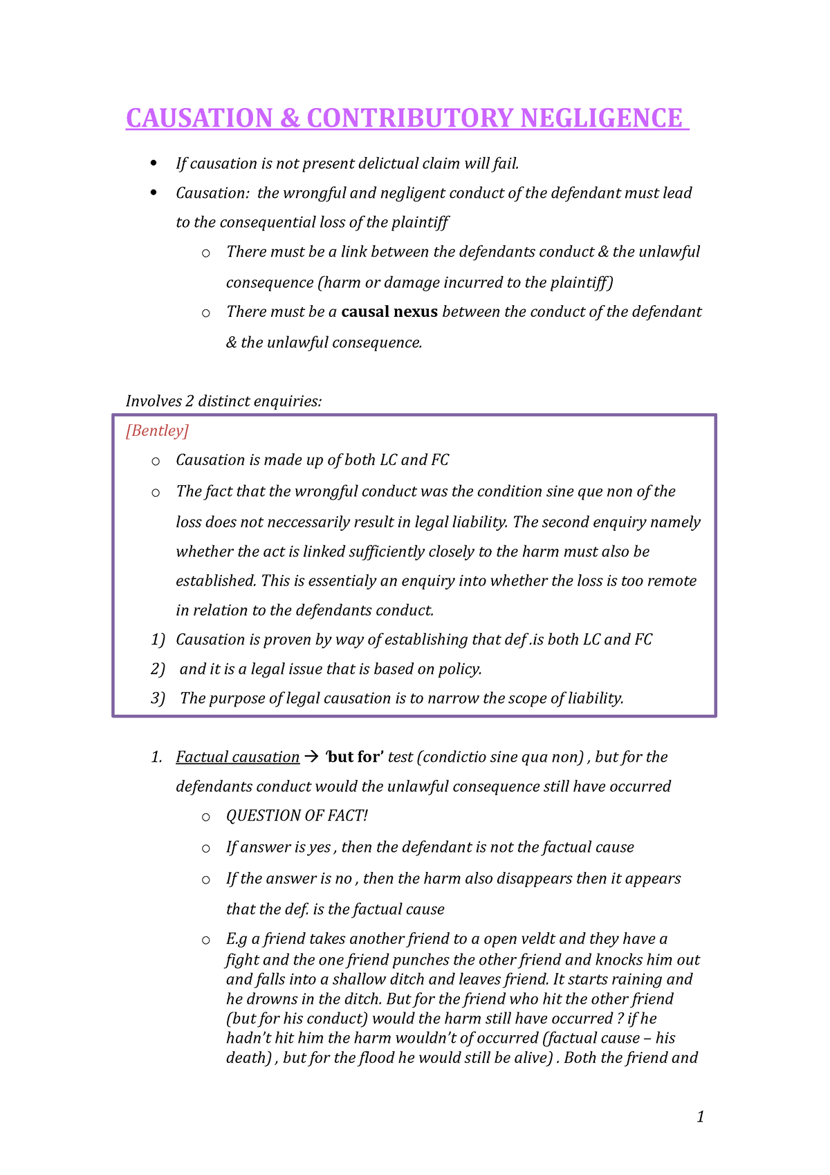 Causation Delict - Lecture Notes - CAUSATION & CONTRIBUTORY NEGLIGENCE ...