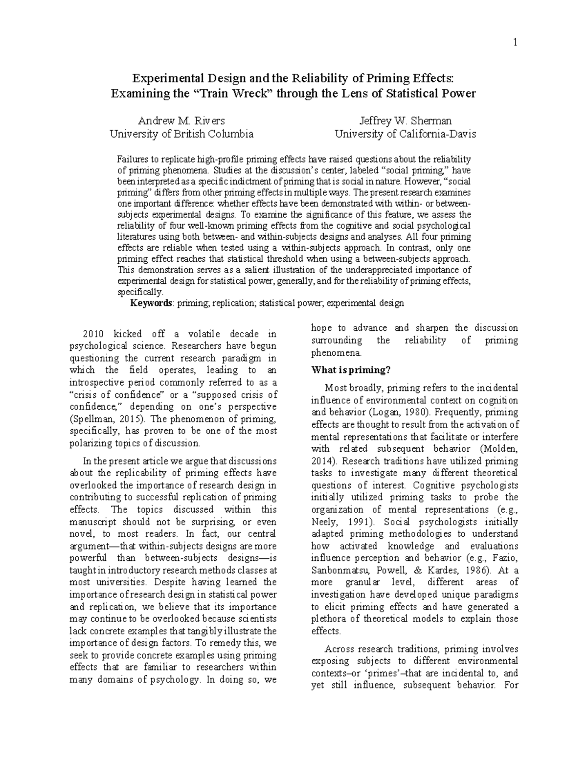 Priming Design and Replicability Experimental Design and the