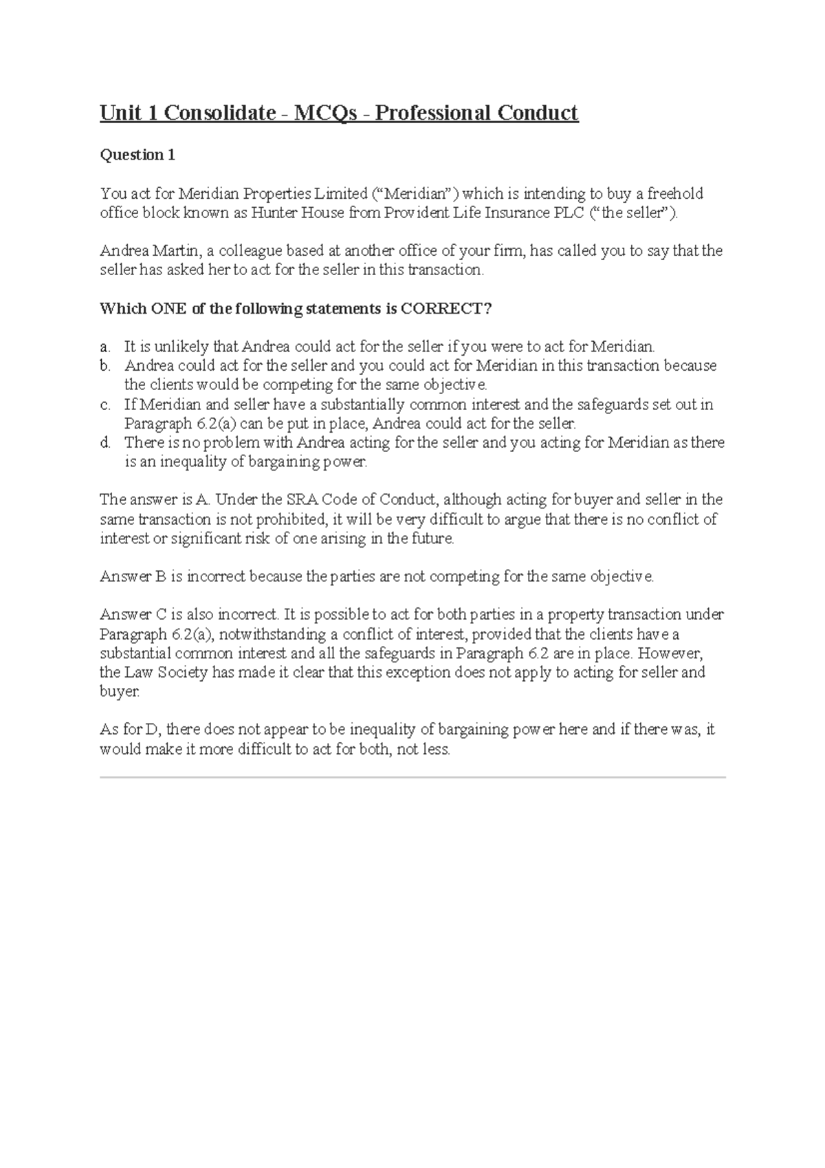 Unit 1 Consolidate Real Estate Unit 1 Unit 1 Consolidate MCQs Professional Conduct