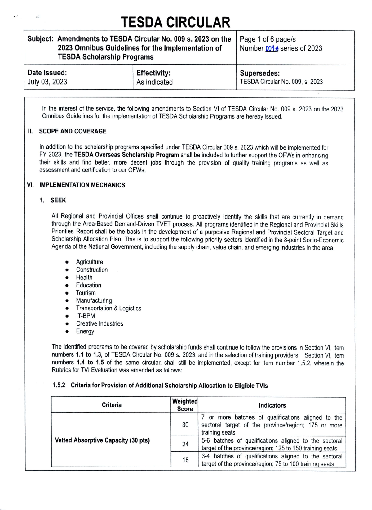 Tesda Circular No - TESDA CIRCULAR Subject: Amendments To TESDA ...