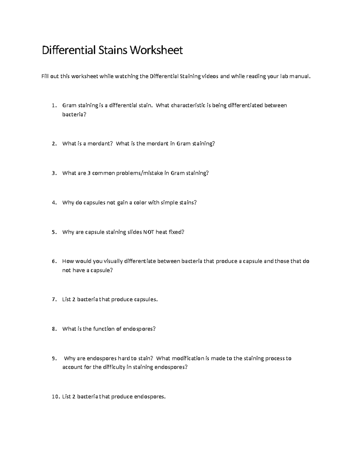 Differential Stains (only) Worksheet - Differential Stains Worksheet ...