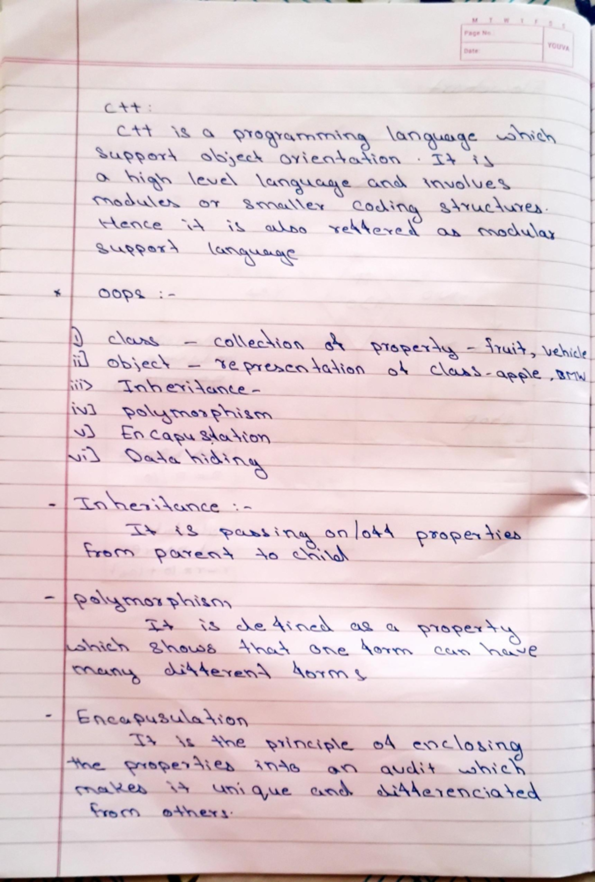 C++ - Bca ycmou sem 2 notes - M T W 1 F 3 Page No Date YOUVA is a ...