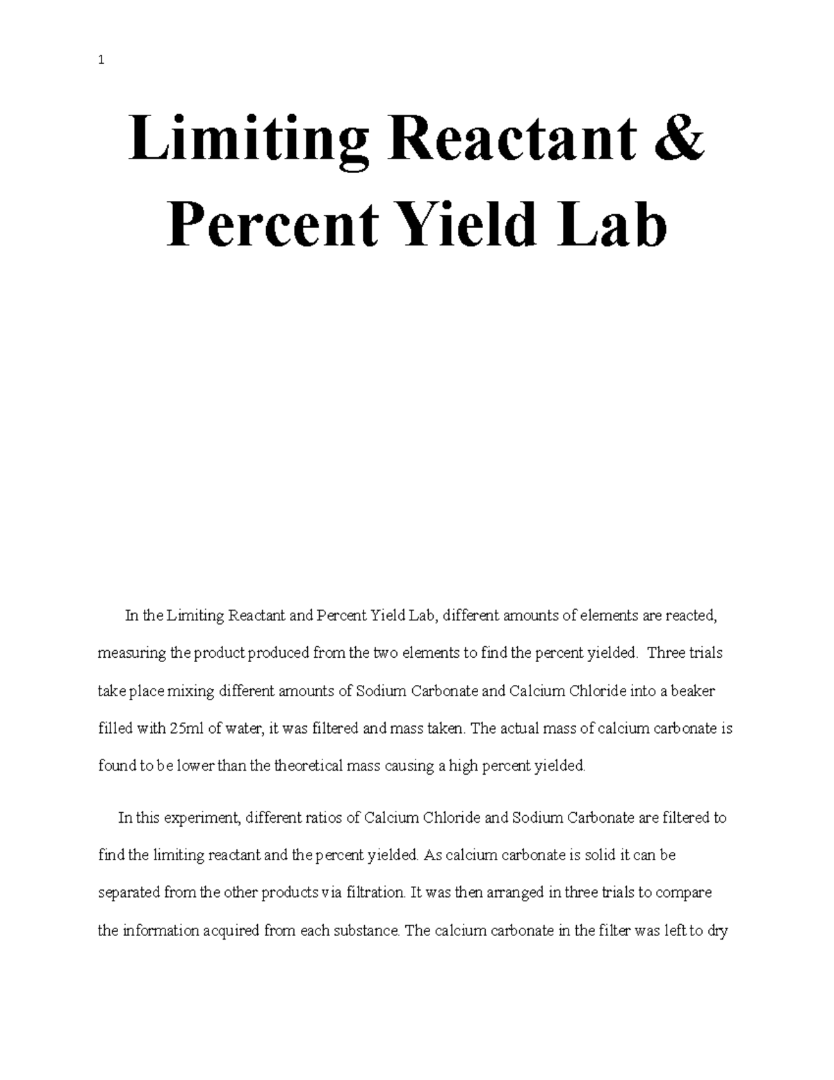 Limiting Reactant Lab CHEM - Limiting Reactant & Percent Yield Lab In ...