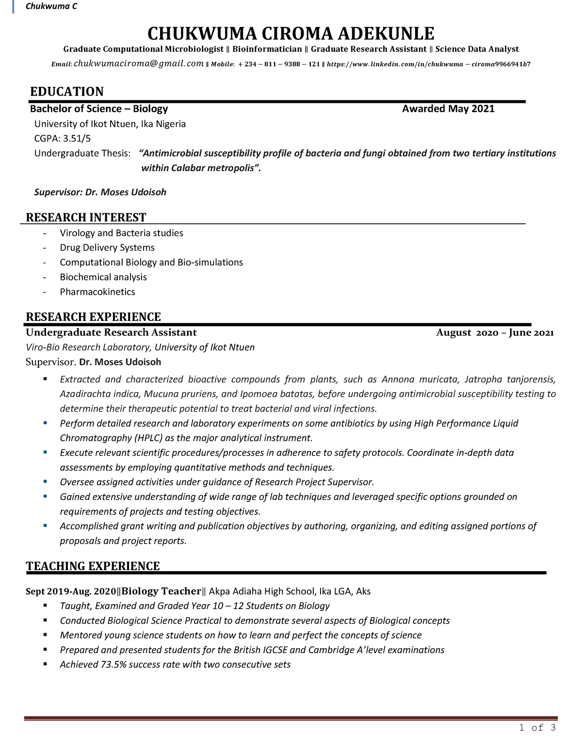 Sample Academic CV (US Style) - Chukwuma C 1 of 3 CHUKWUMA CIROMA ...