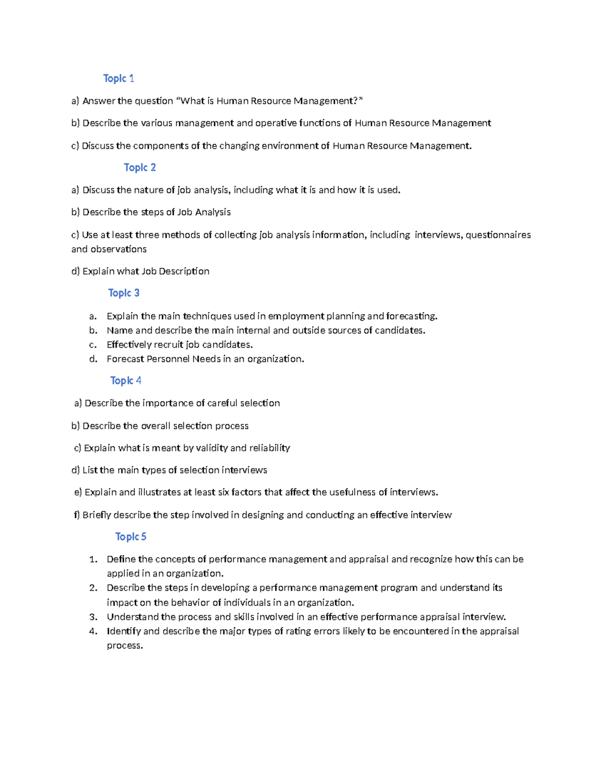 Human Resource Managements Preview Questions Topic 1 a) Answer the