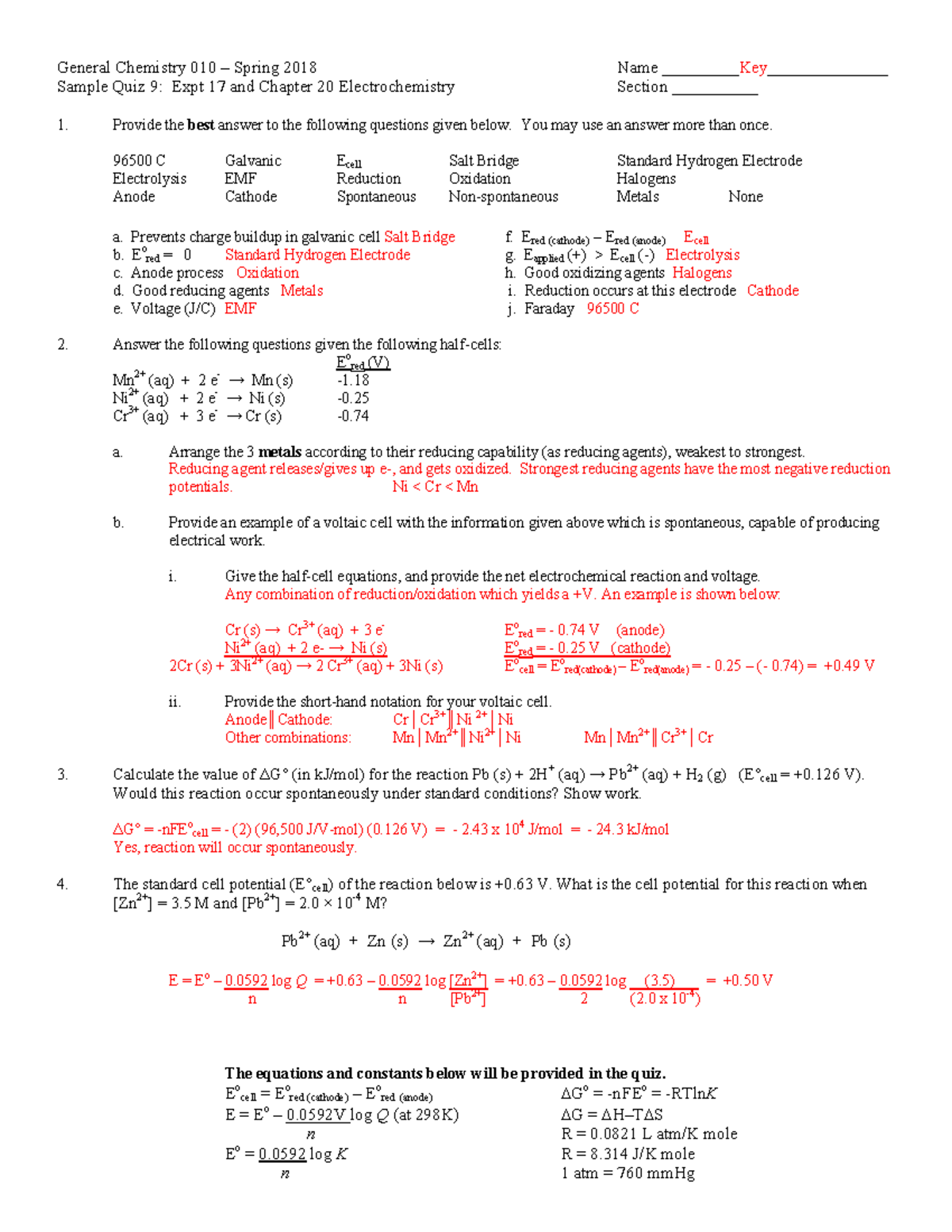 Sp18 Sample Quiz 9 Electrochemistry Key Studocu