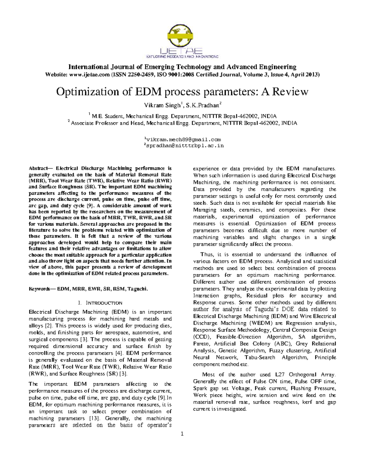 Optimization of EDM process parameters A - K 2 1 M. Student, Mechanical ...