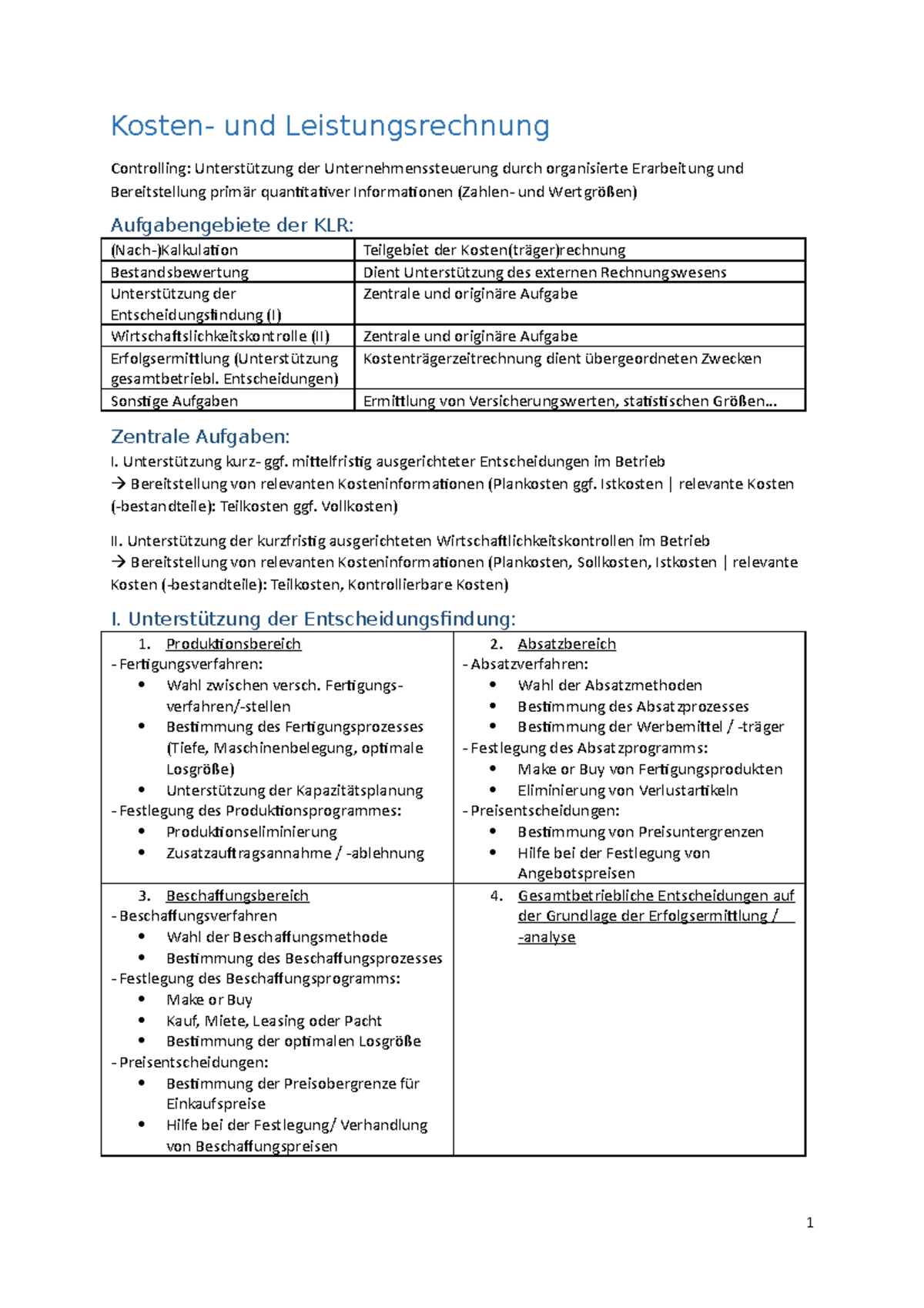 KLR Zusammenfassung Kosten- Und Leistungsrechnung - Und ...