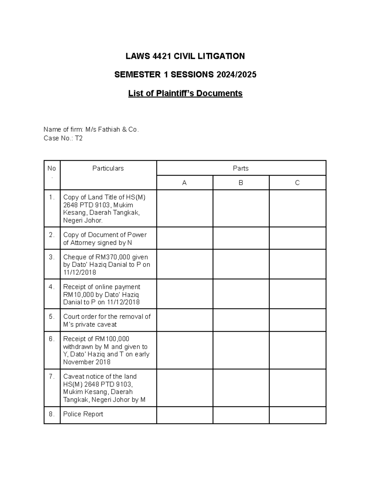Case T2- List of Plaintiff's Documents - LAWS 4421 CIVIL LITIGATION ...