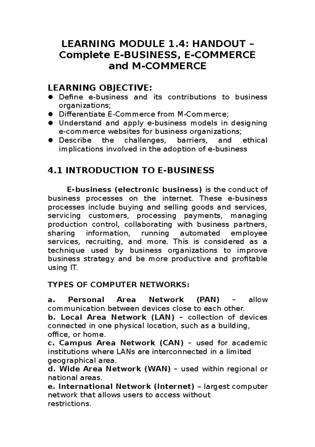Learning Module 1.4 Handout - LEARNING MODULE 1: HANDOUT – Complete E ...