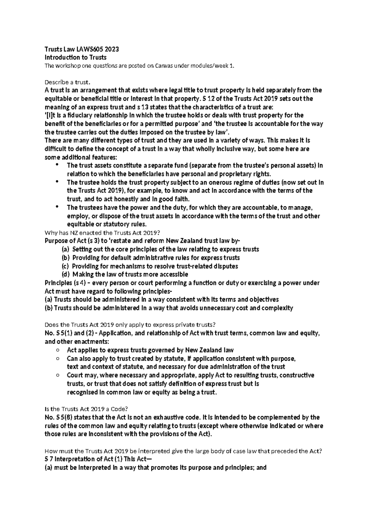 Trusts Law LAWS605 2023 - Trusts Law LAWS605 2023 Introduction to ...