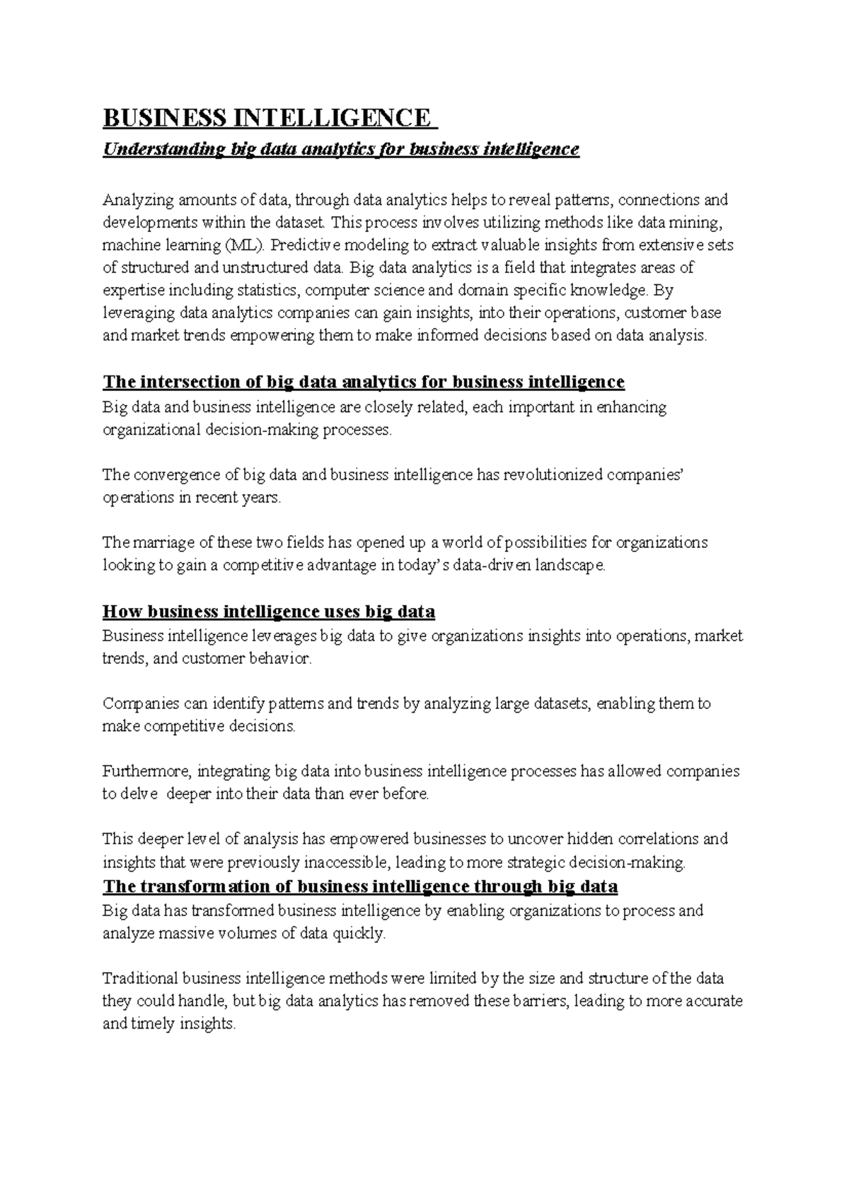 Business Intelligence - BUSINESS INTELLIGENCE Understanding big data ...