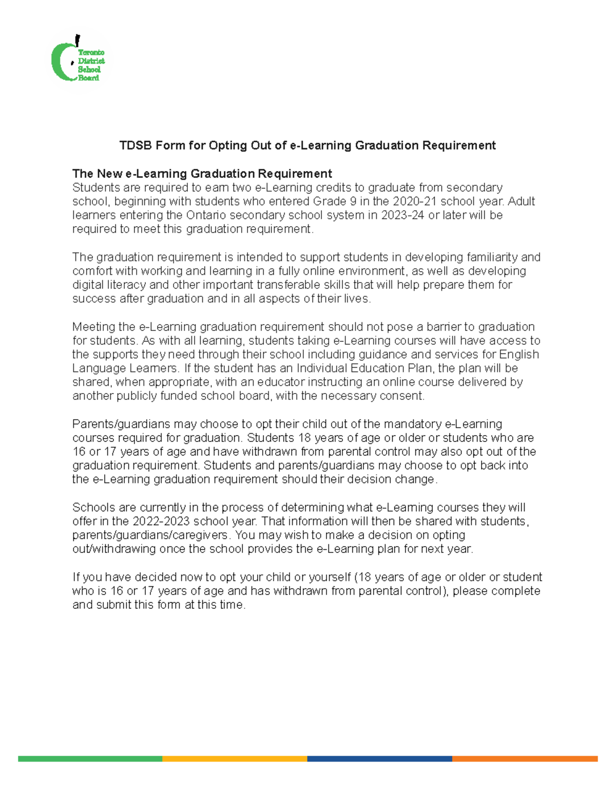 TDSB Opt Out Grad Requirement TDSB Form for Opting Out of