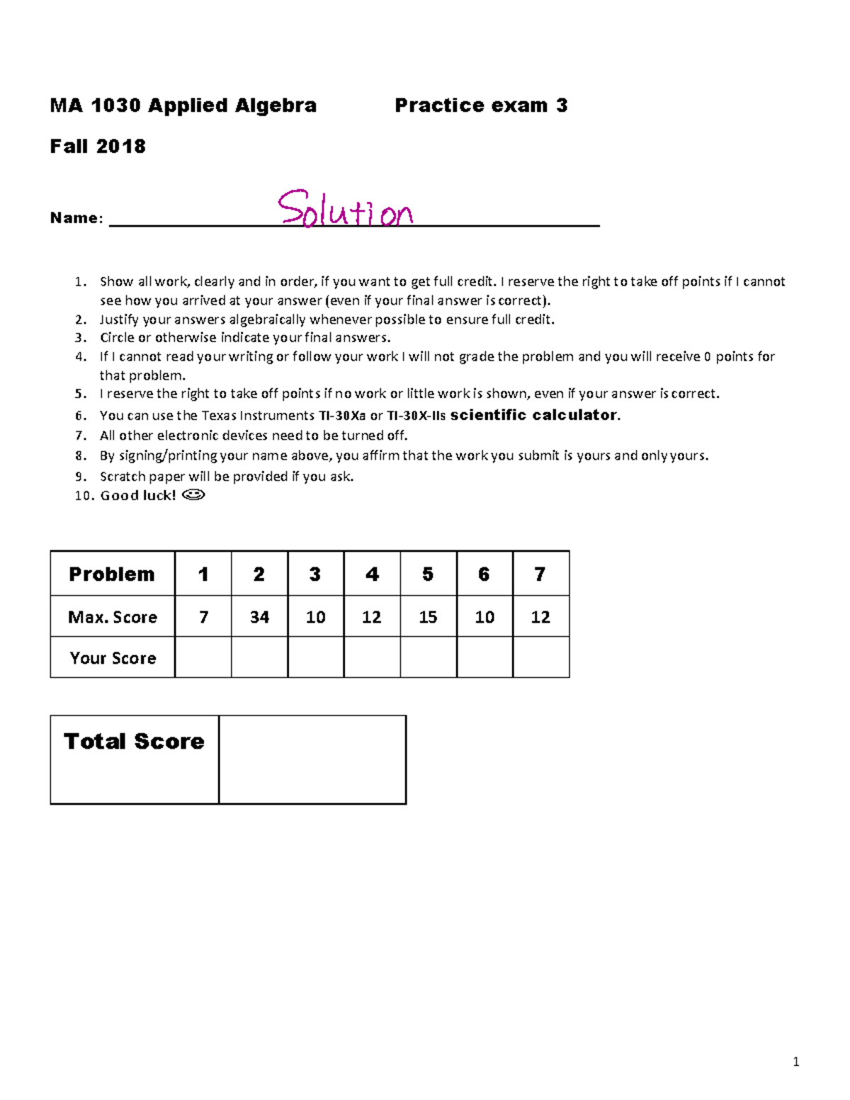 MA 1030 practice exam 3 - Total Score MA 1030 Applied Algebra Practice ...