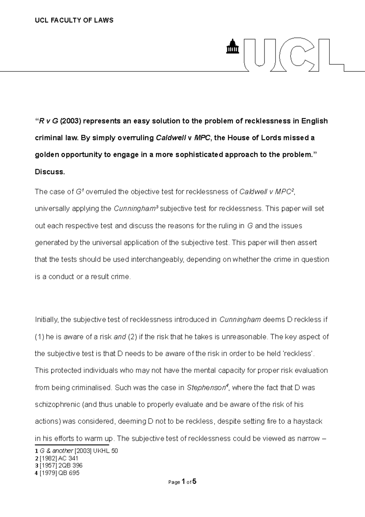 Criminal Recklessness Essay Evaluation Of The R V G Test Ucl Faculty