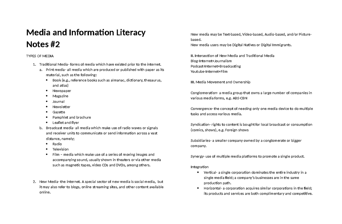 MIL notes #2 - N/A - Media and Information Literacy Notes TYPES OF ...