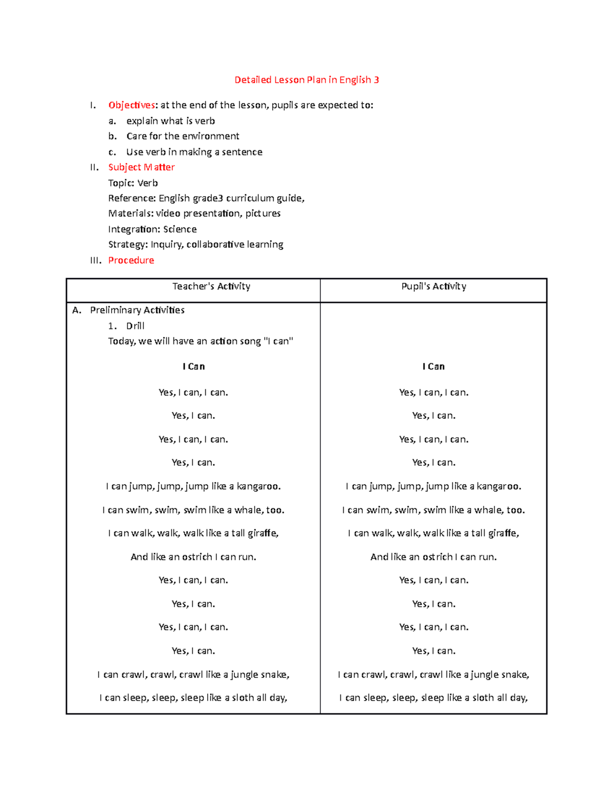 Detailed Lesson Plan Verb Detailed Lesson Plan In English 3 I Objectives At The End Of The 6535