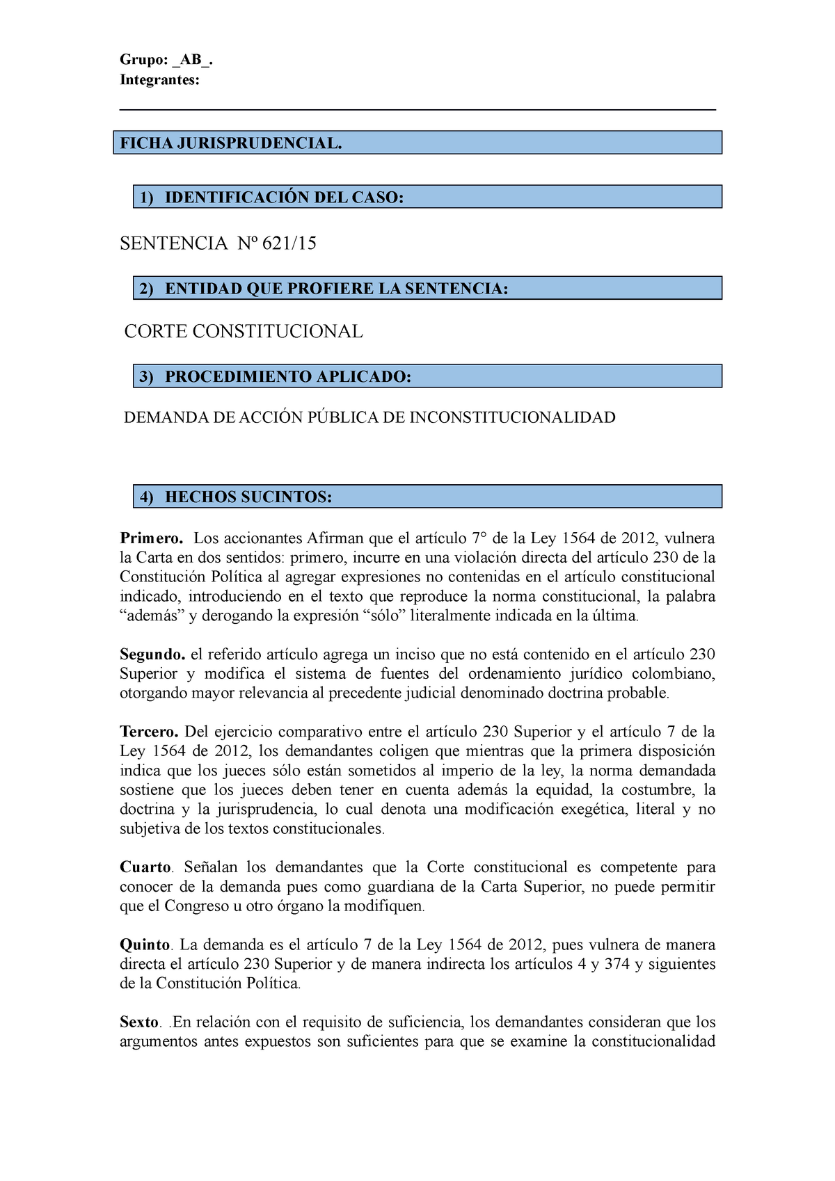 Ficha DE Análisis Jurisprudencial - Grupo: AB. Integrantes: FICHA ...