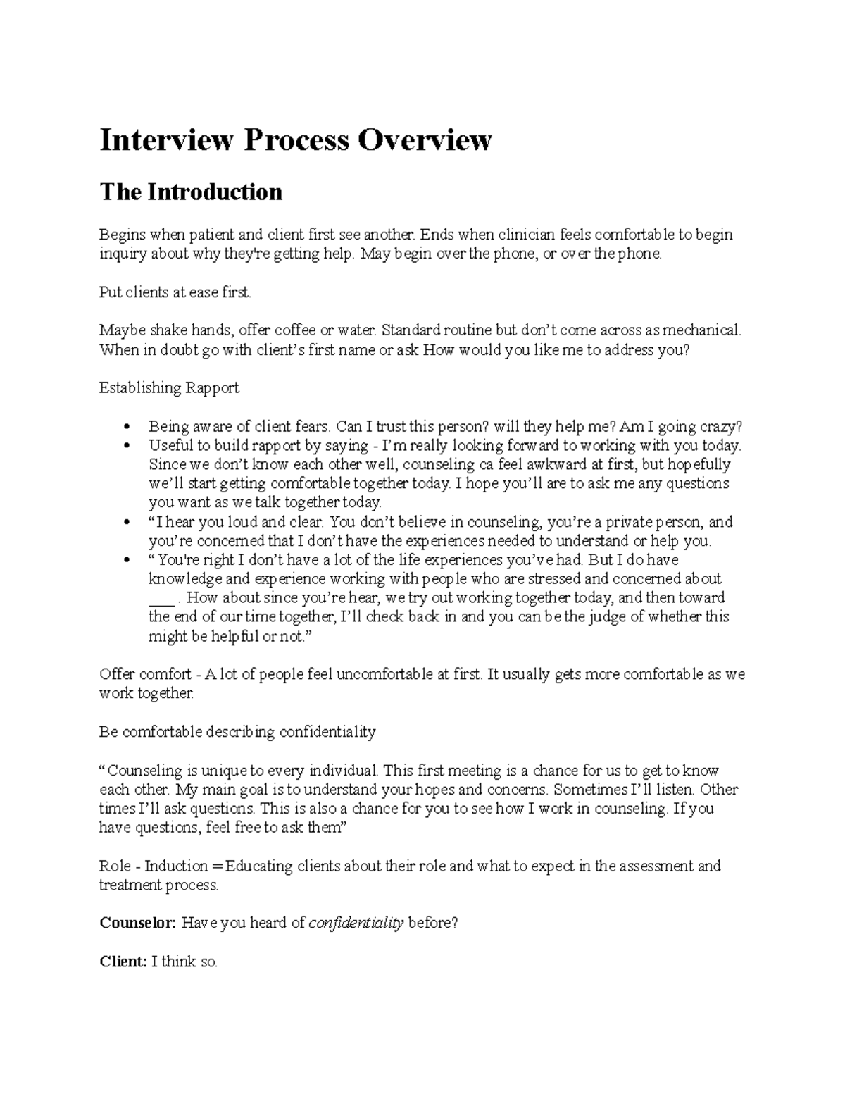 Chapter 1 - Clinical Interviewing - Interview Process Overview The ...