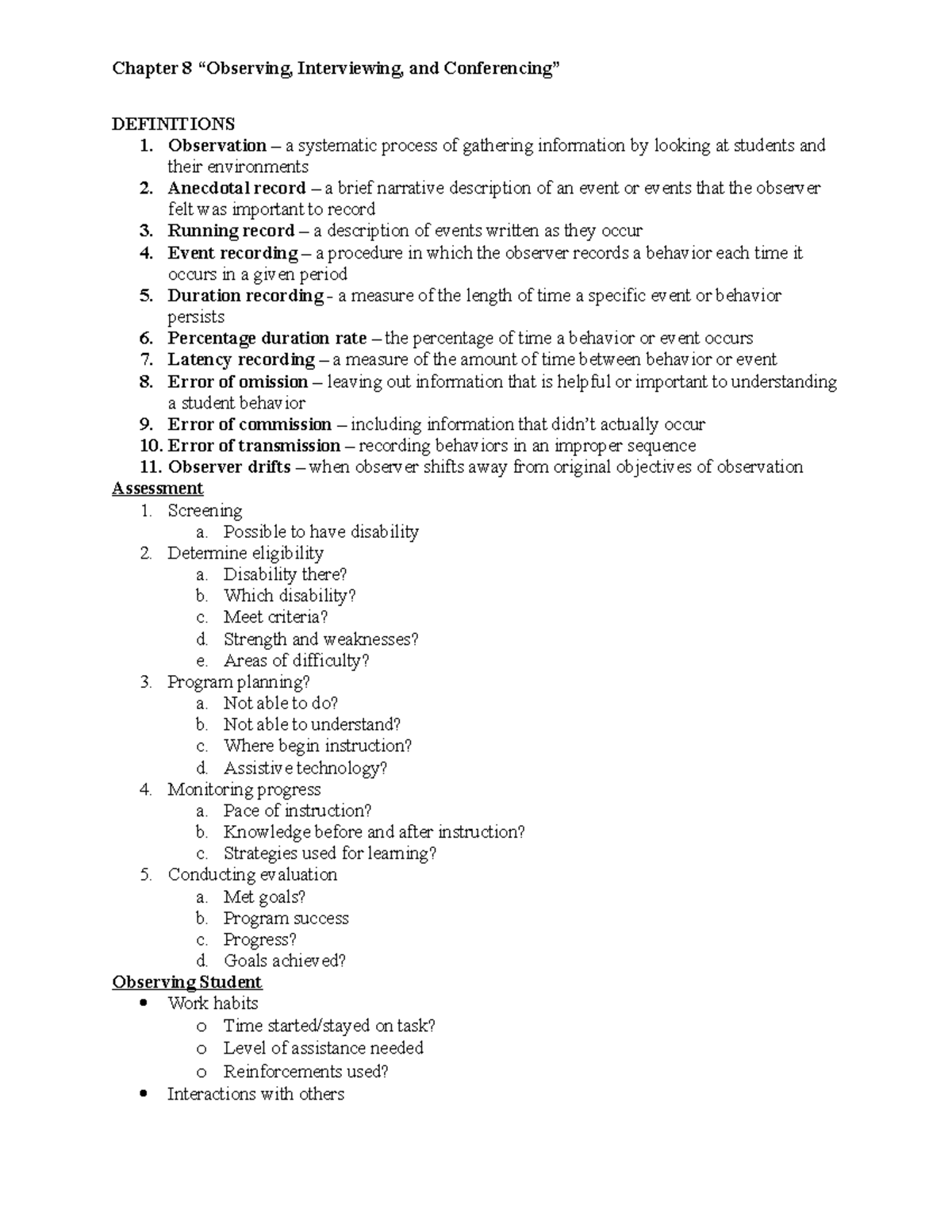 Chapter 8 observing interviewing and conferencing - Chapter 8 ...