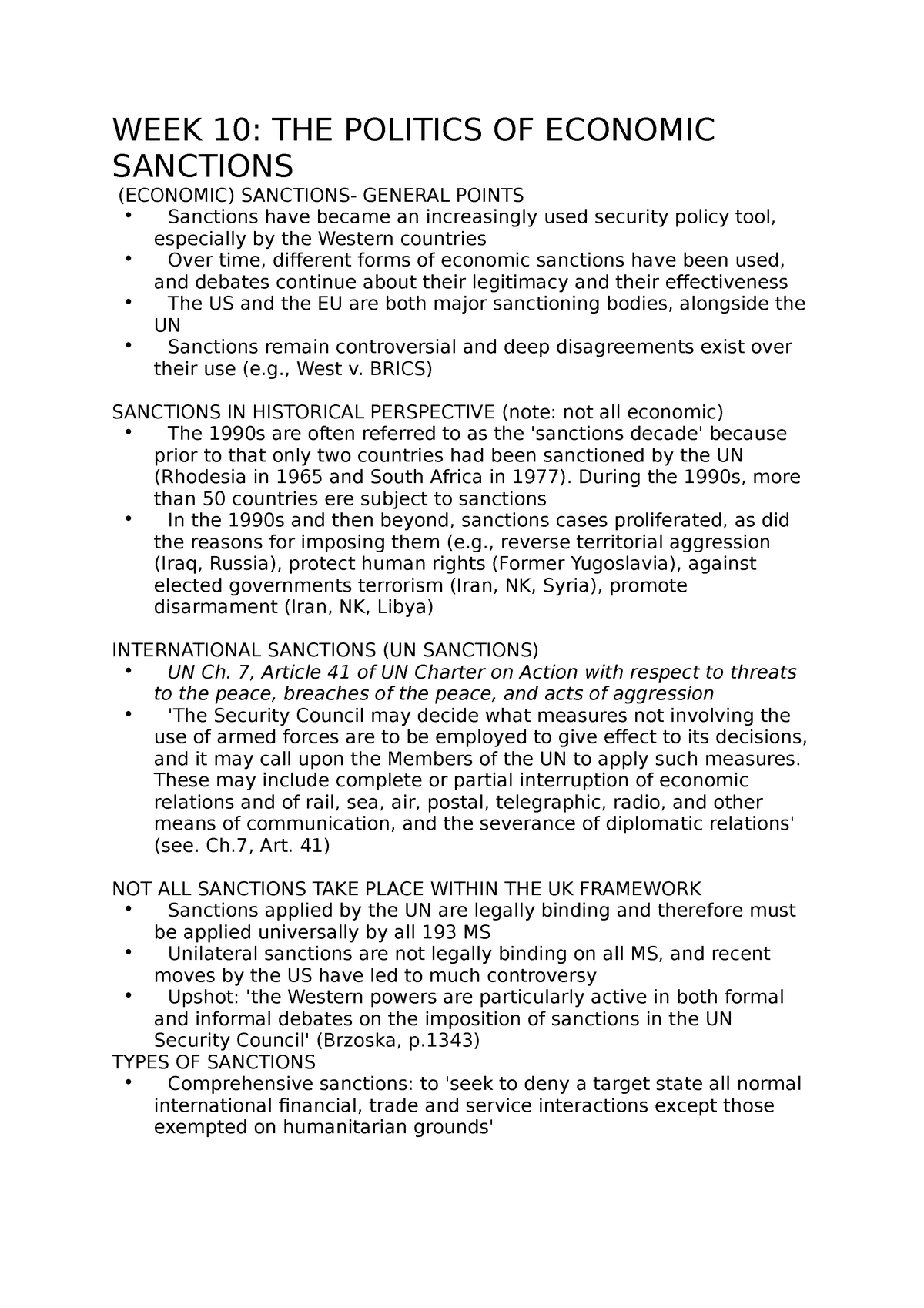 WEEK 10 - CHIVA - WEEK 10: THE POLITICS OF ECONOMIC SANCTIONS (ECONOMIC ...