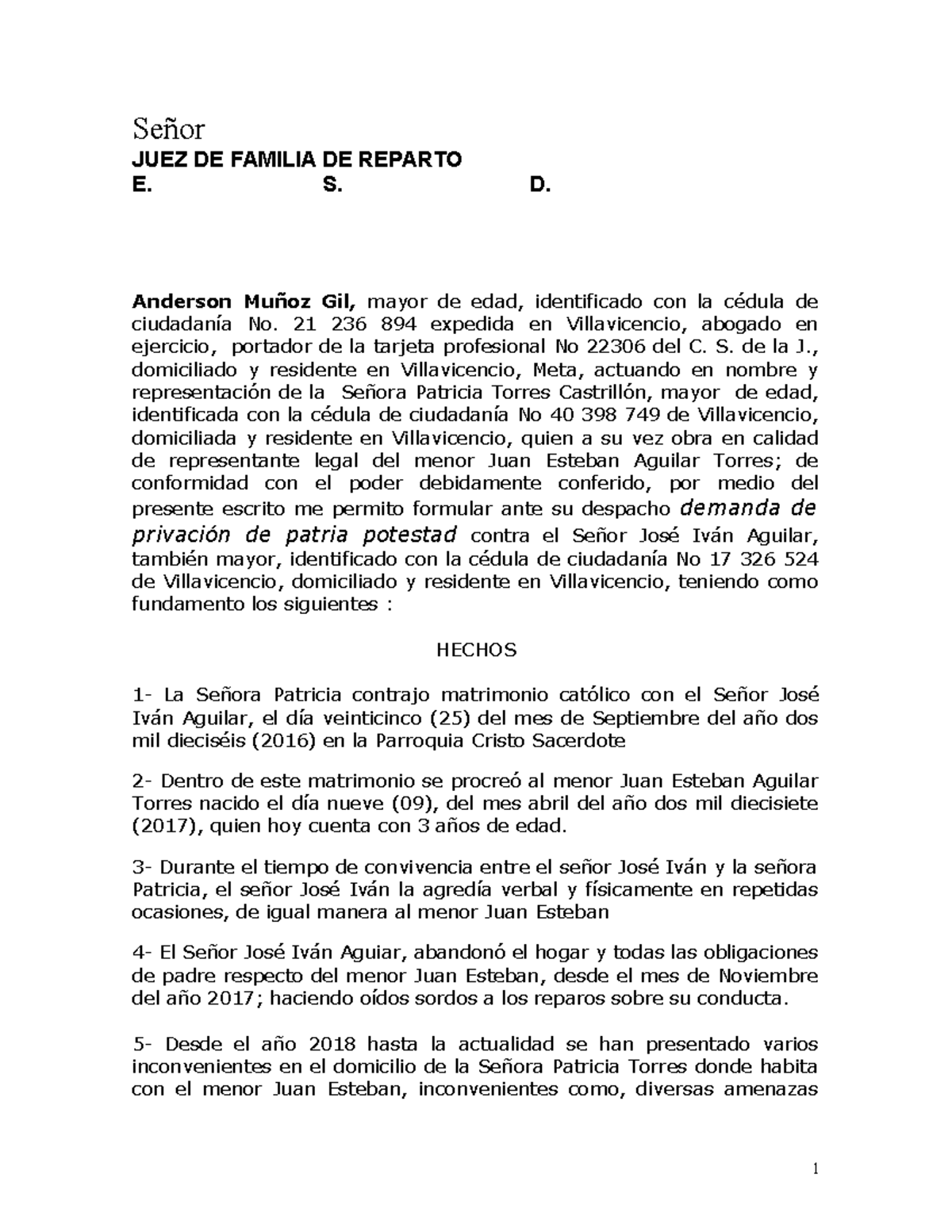 Modelo Minuta Patria Potestad - Señor JUEZ DE FAMILIA DE REPARTO E. S. D.  Anderson Muñoz Gil, mayor - Studocu