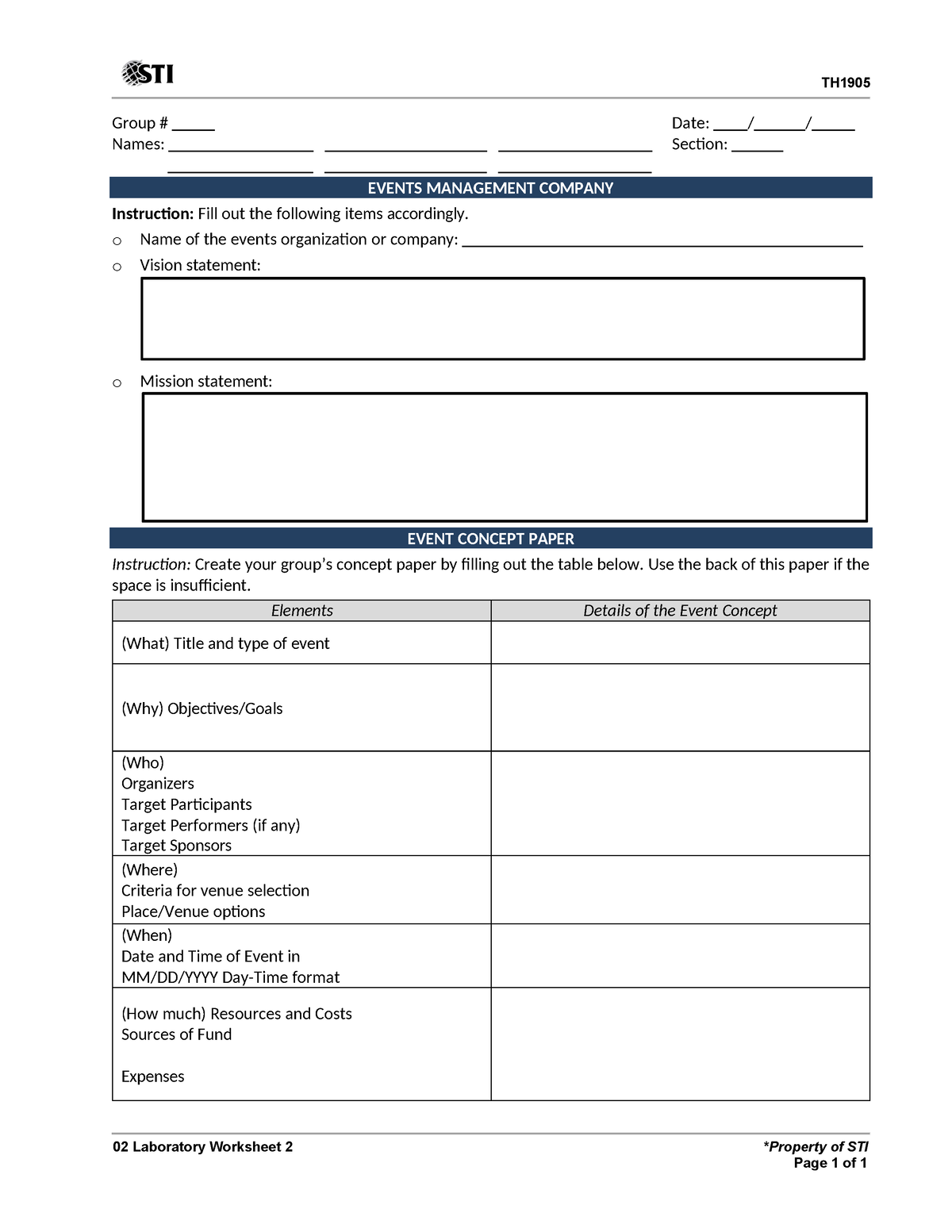 02 Laboratory Worksheet 2 - TH Group # Date: / / Names: Section: EVENTS ...