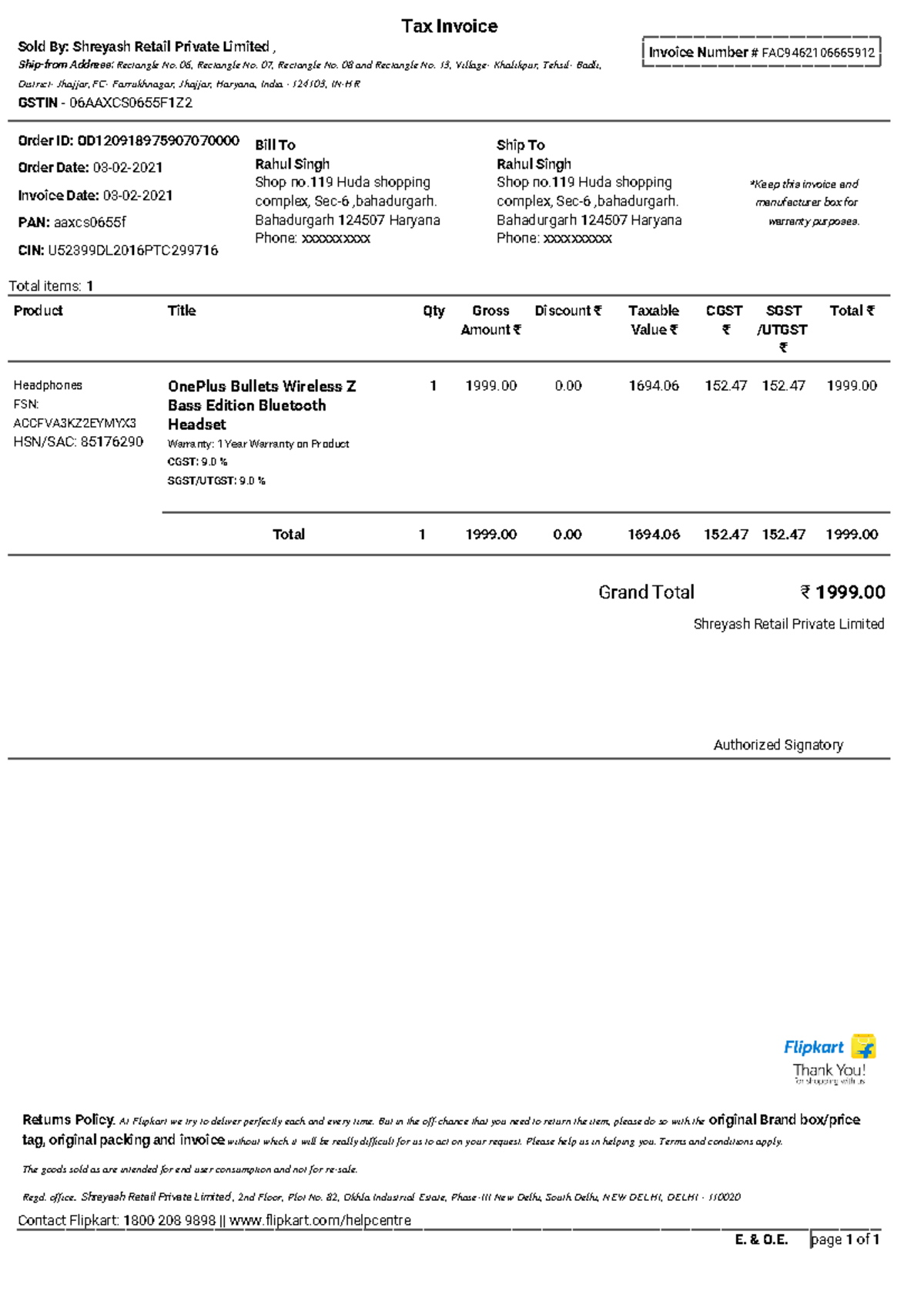 Scribd - One plus z2 invoice - E. & O. page 1 of 1 *Keep this invoice ...