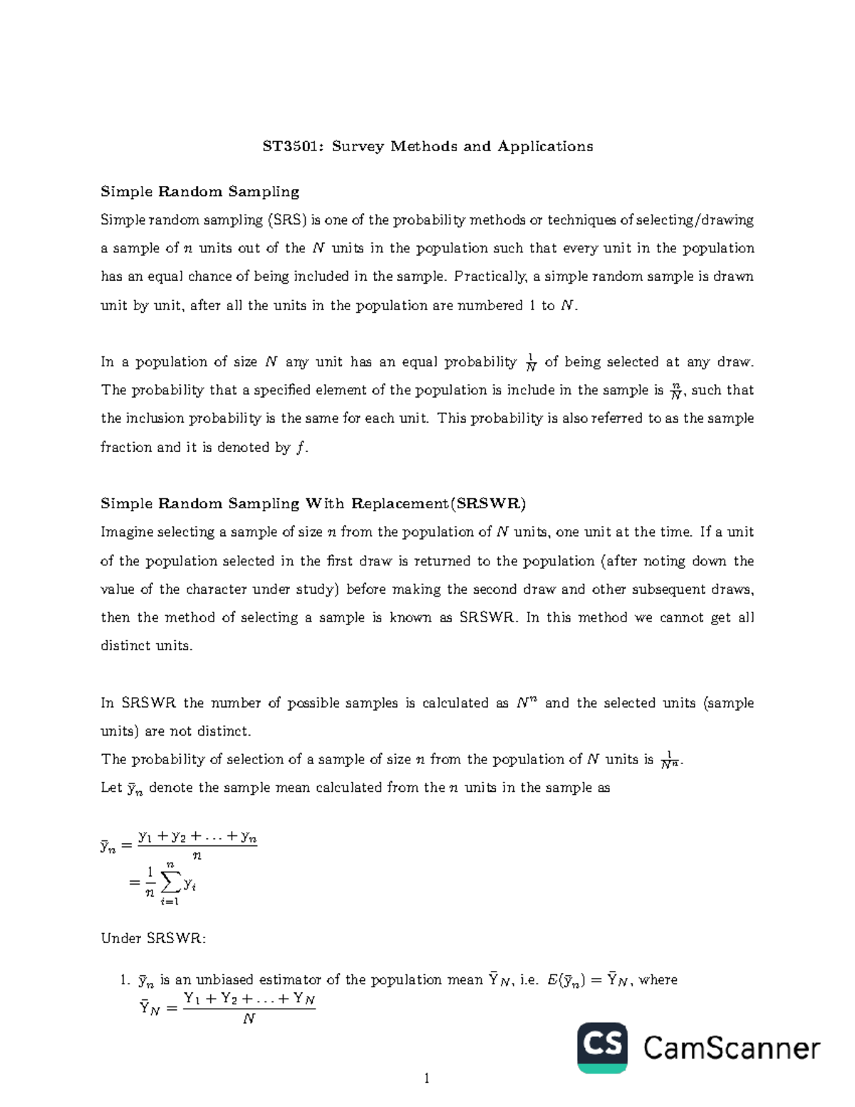 Simple Random Sampling Notes - ST3501: Survey Methods and Applications ...
