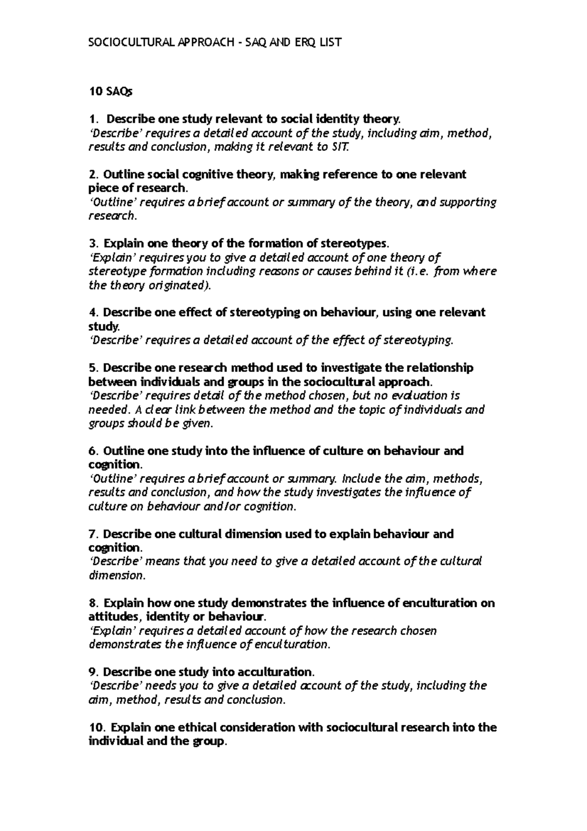 Exam 2018, questions - SOCIOCULTURAL APPROACH – SAQ AND ERQ LIST 10 ...