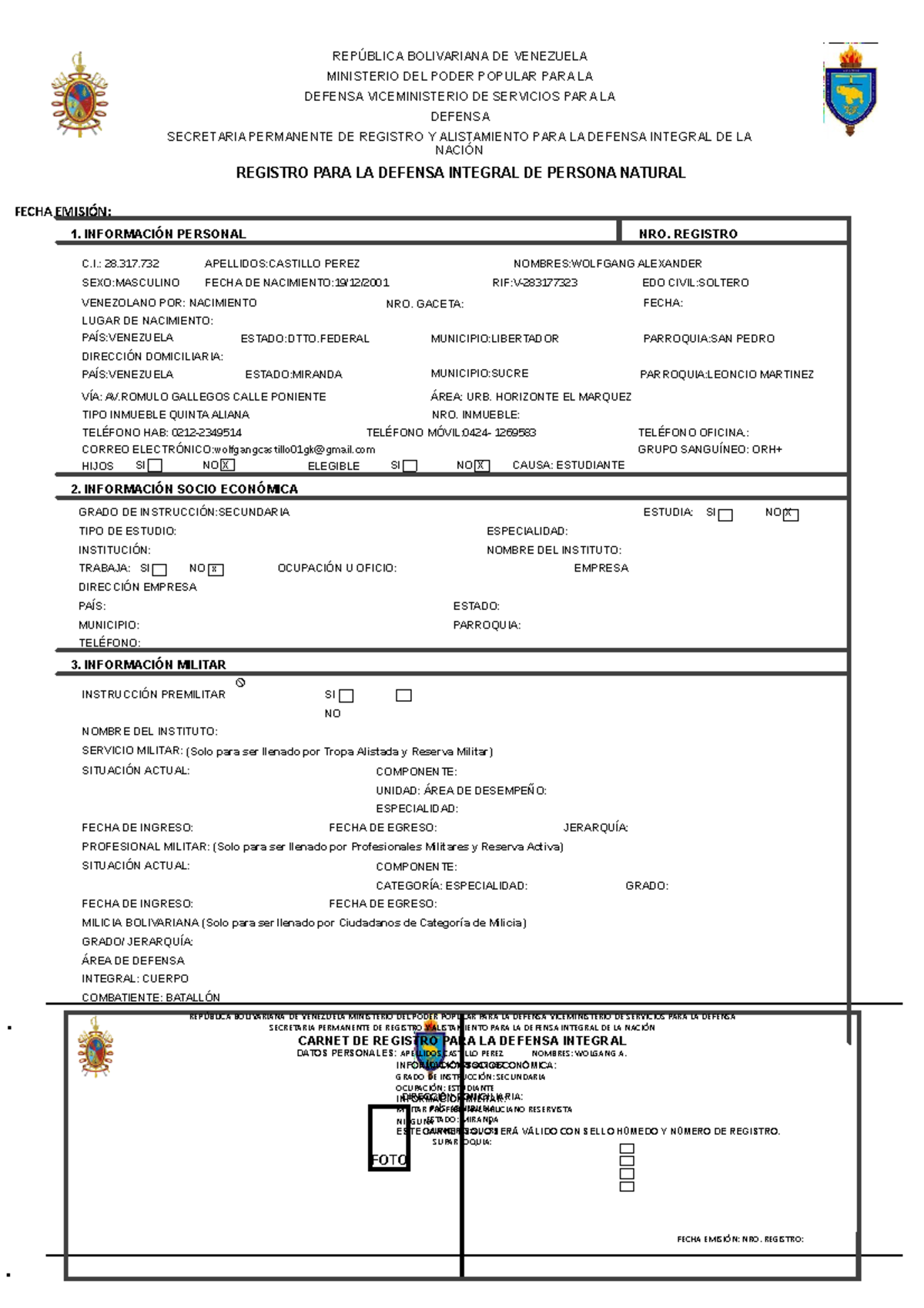Planilla de Registro Militar - REPÚBLICA BOLIVARIANA DE VENEZUELA
