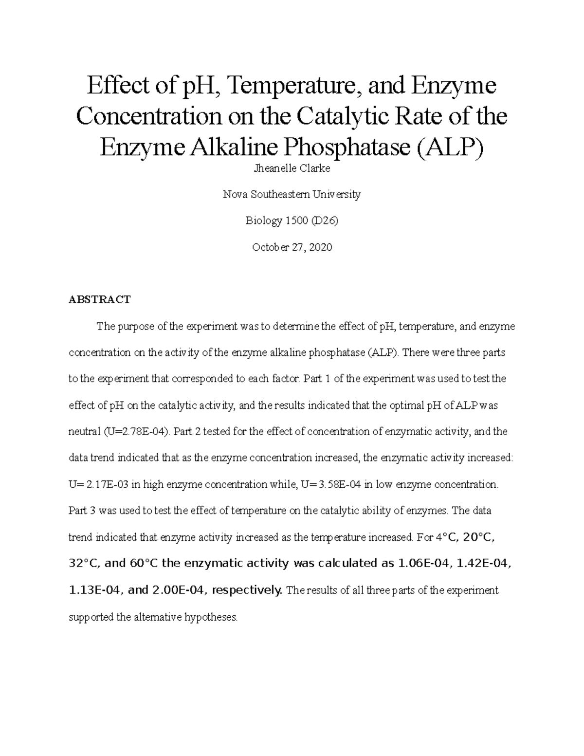 Enzyme Lab Report Effect Of Ph Temperature And Enzyme Concentration On The Catalytic Rate Of 0936