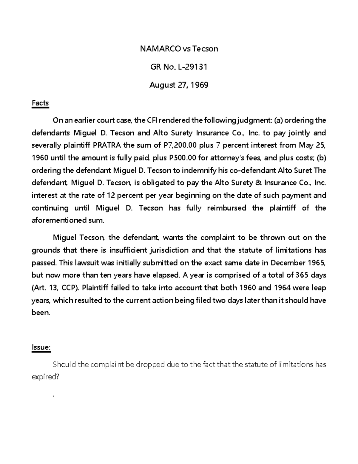 Obligations and Contracts Case digest 2 NAMARCO vs Tecson GR No. L August 27, 1969 Facts On