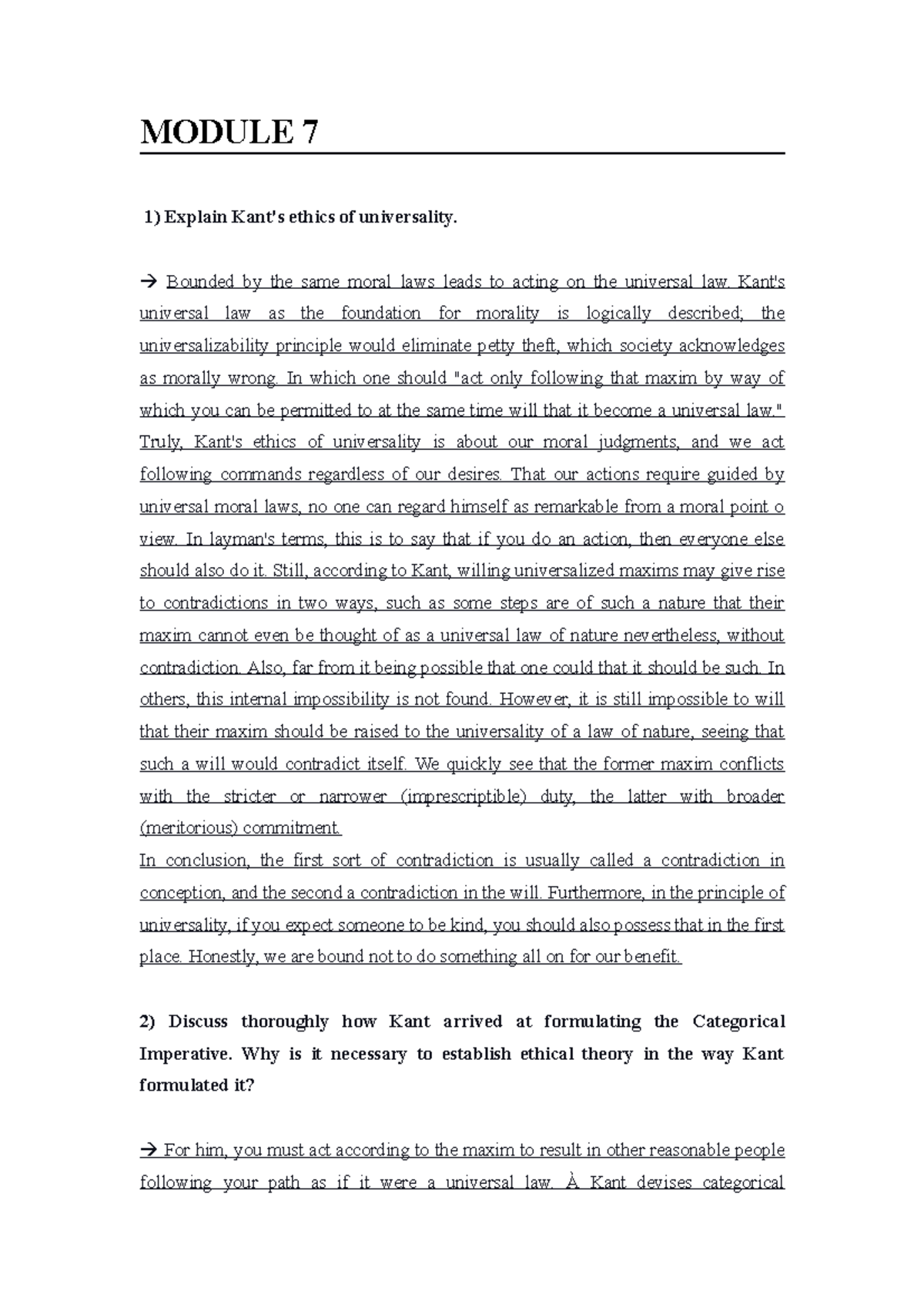 Module 7 Ethics And Philosophers Kant Module 7 1 Explain Kant S Ethics Of Universality Studocu