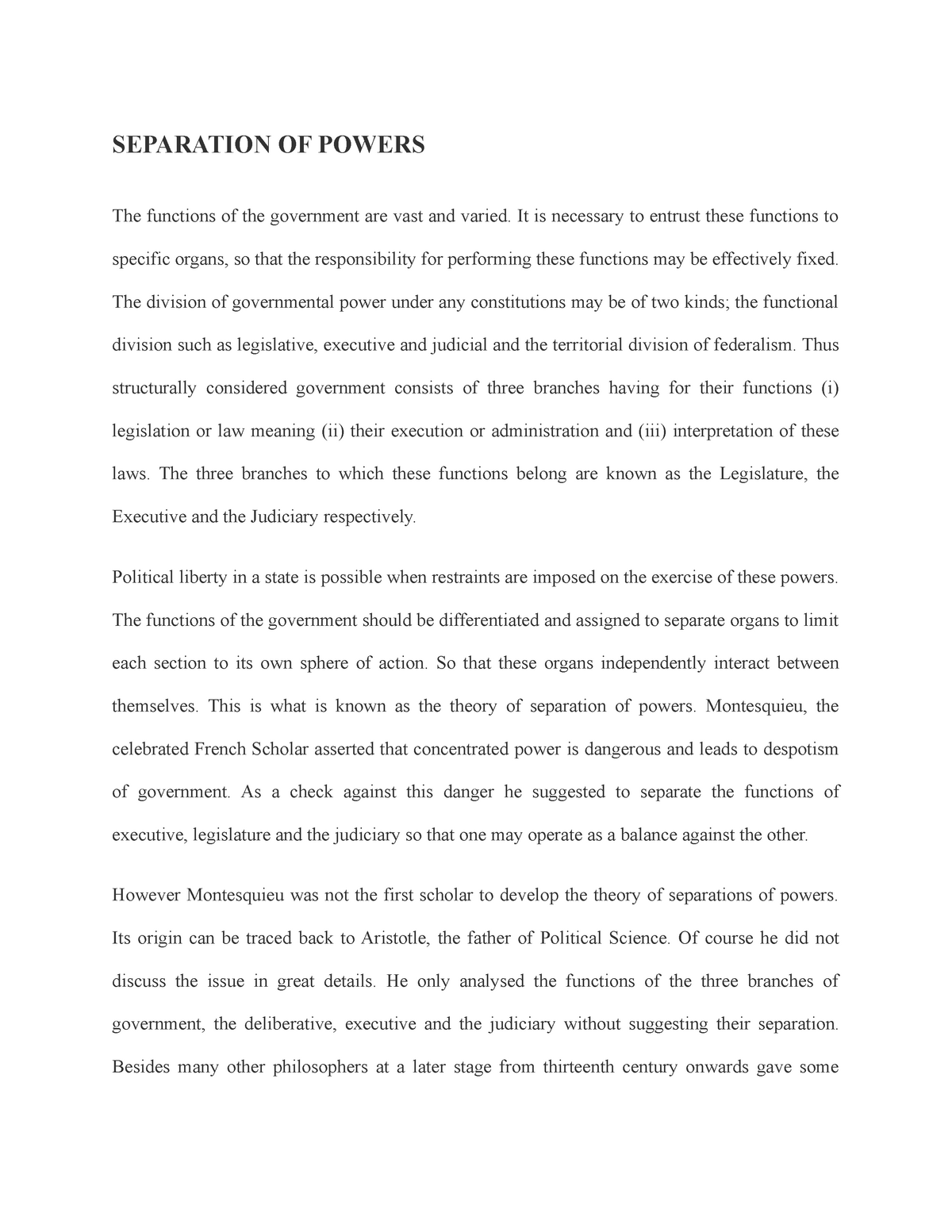 essay on theory of separation of powers