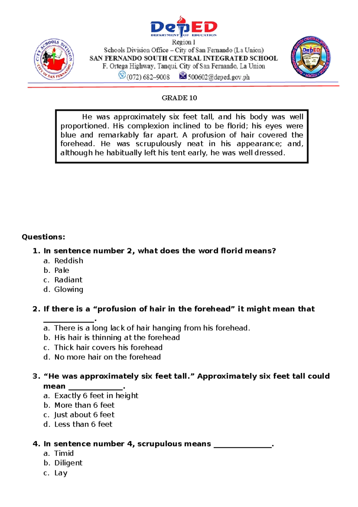 Commprehension Materials GRADE 10 Questions 1. In sentence number 2