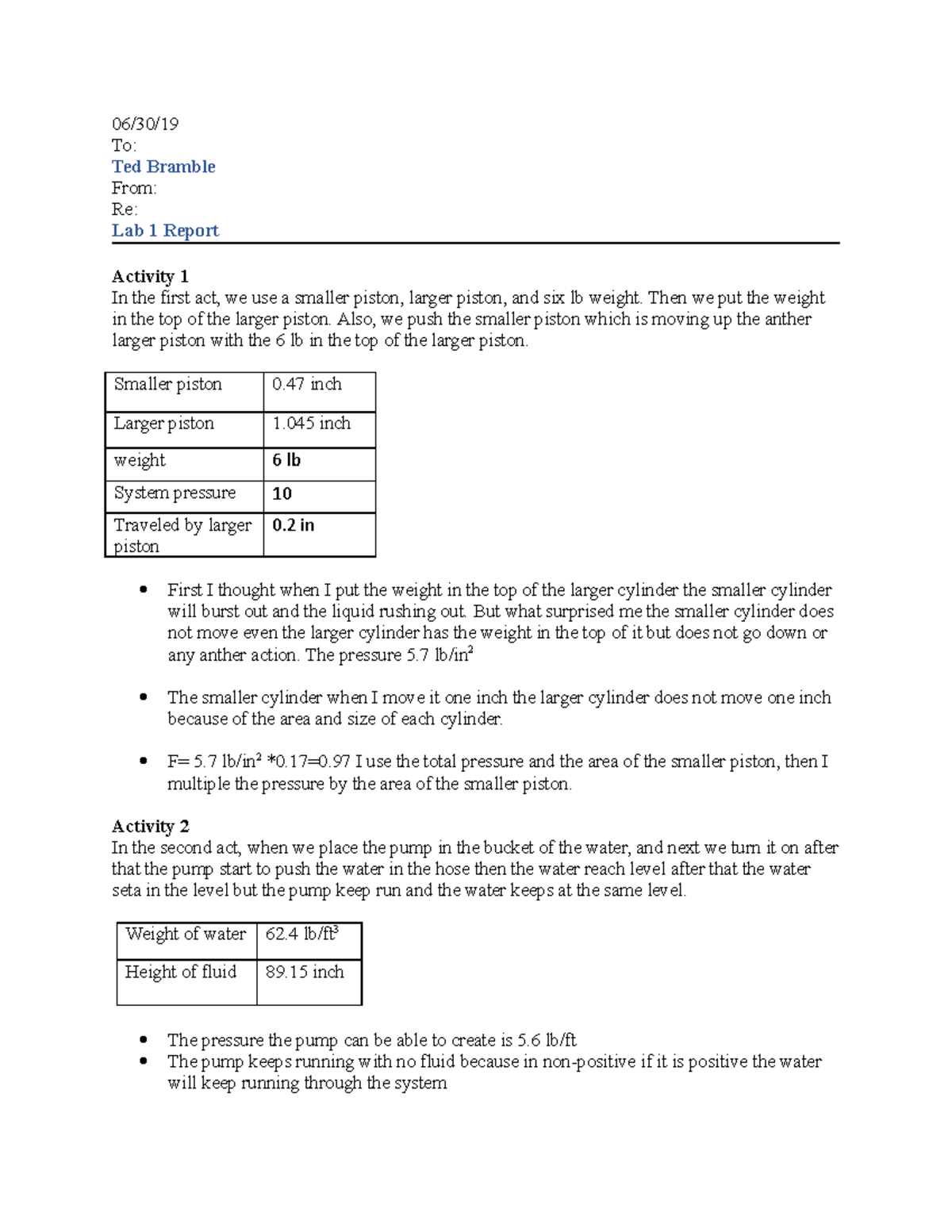 Lab 1 Final - Hydraulics/Pneumatics - To: Ted Bramble From: Re: Lab 1 ...