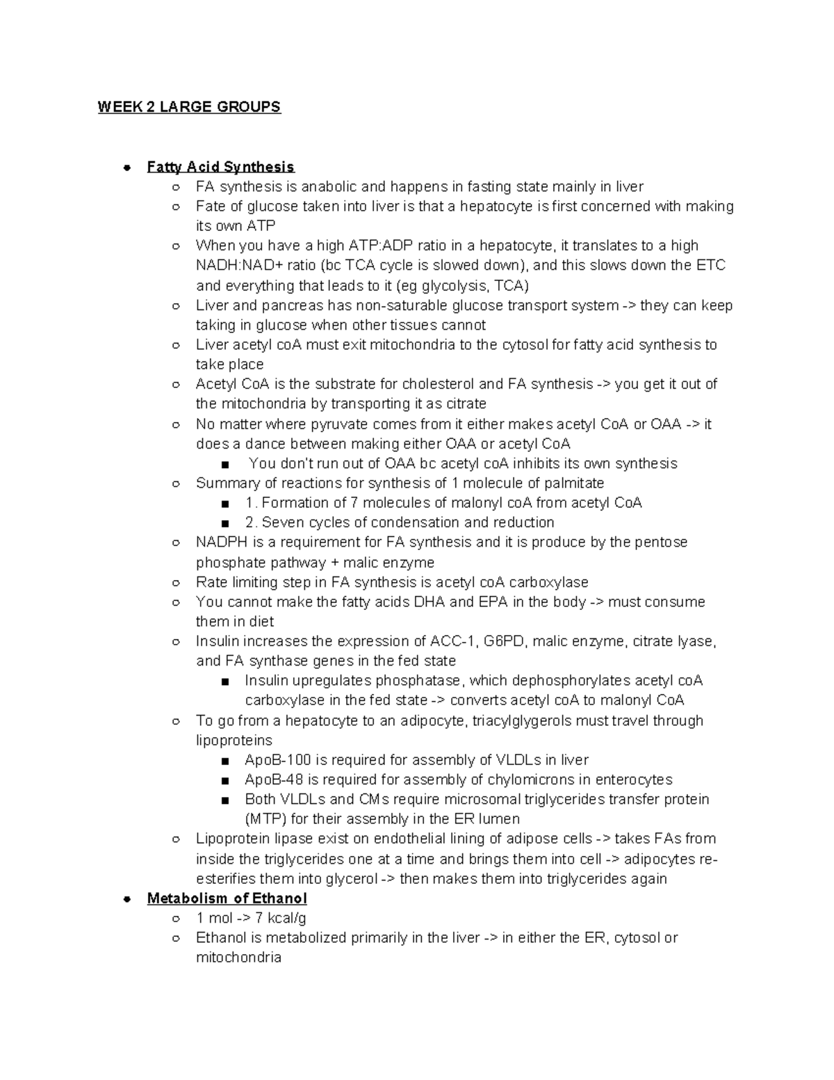 Week 2 LGs Summary - wk 2 - WEEK 2 LARGE GROUPS Fatty Acid Synthesis FA ...