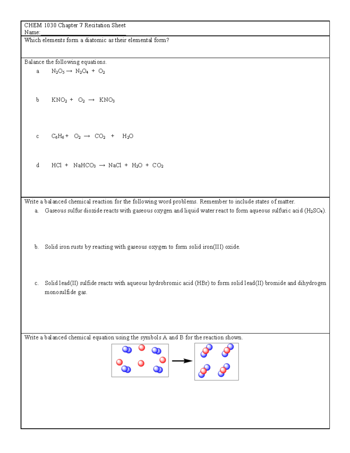 Ch7Rec21CH1030 - Recitation sheet from class. - CHEM 1030 Chapter 7 ...