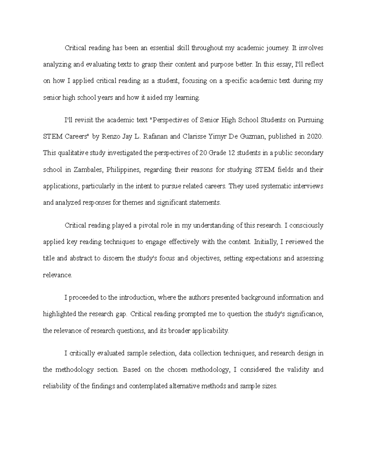 Act case study 1 n/a Critical reading has been an essential skill