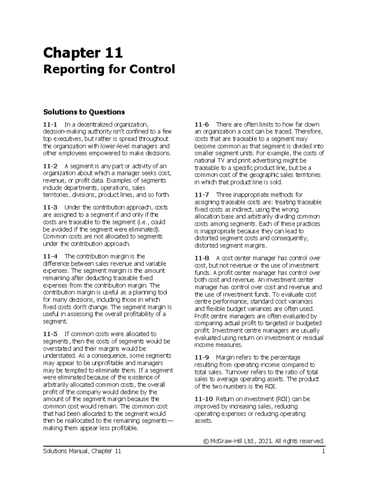Chapter 11 reporting for control - © McGraw-Hill Ltd., 2021. All rights ...