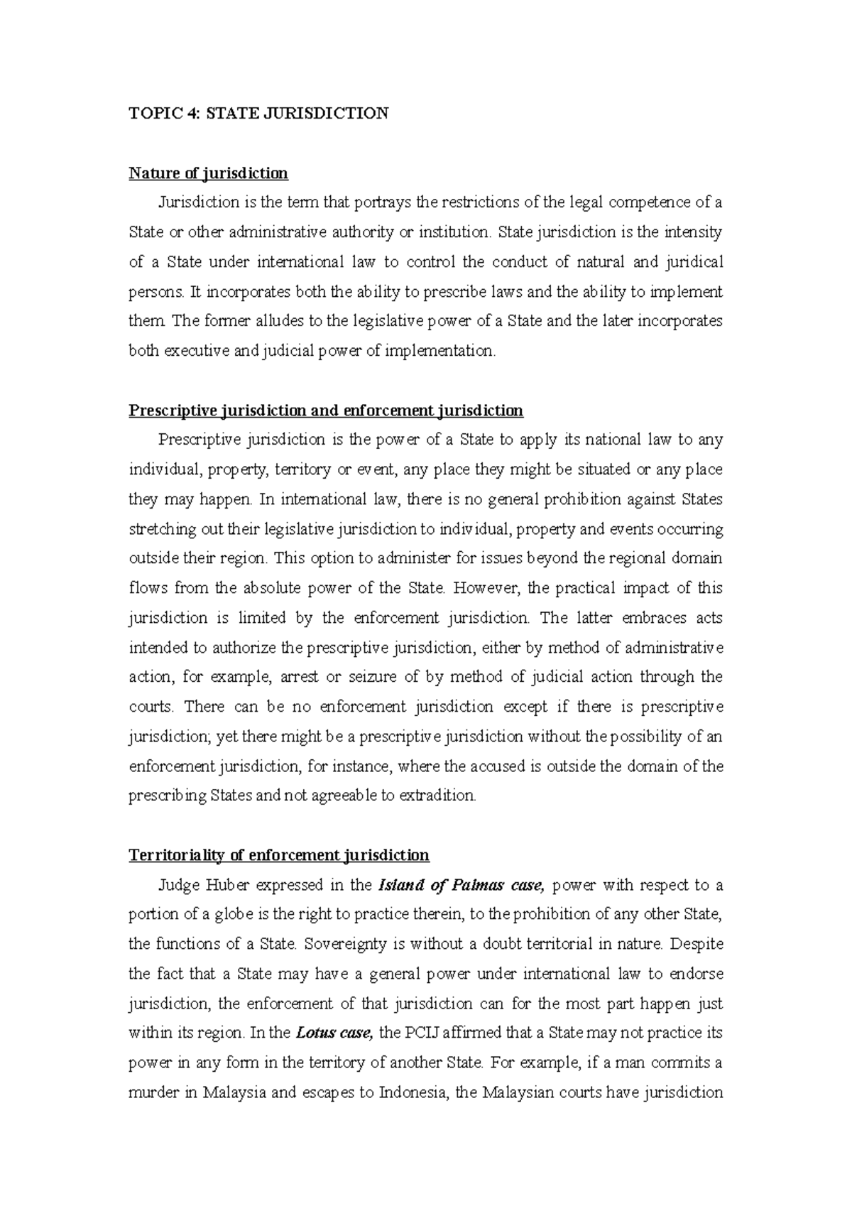 Notes Chapter 4 - TOPIC 4: STATE JURISDICTION Nature of jurisdiction ...