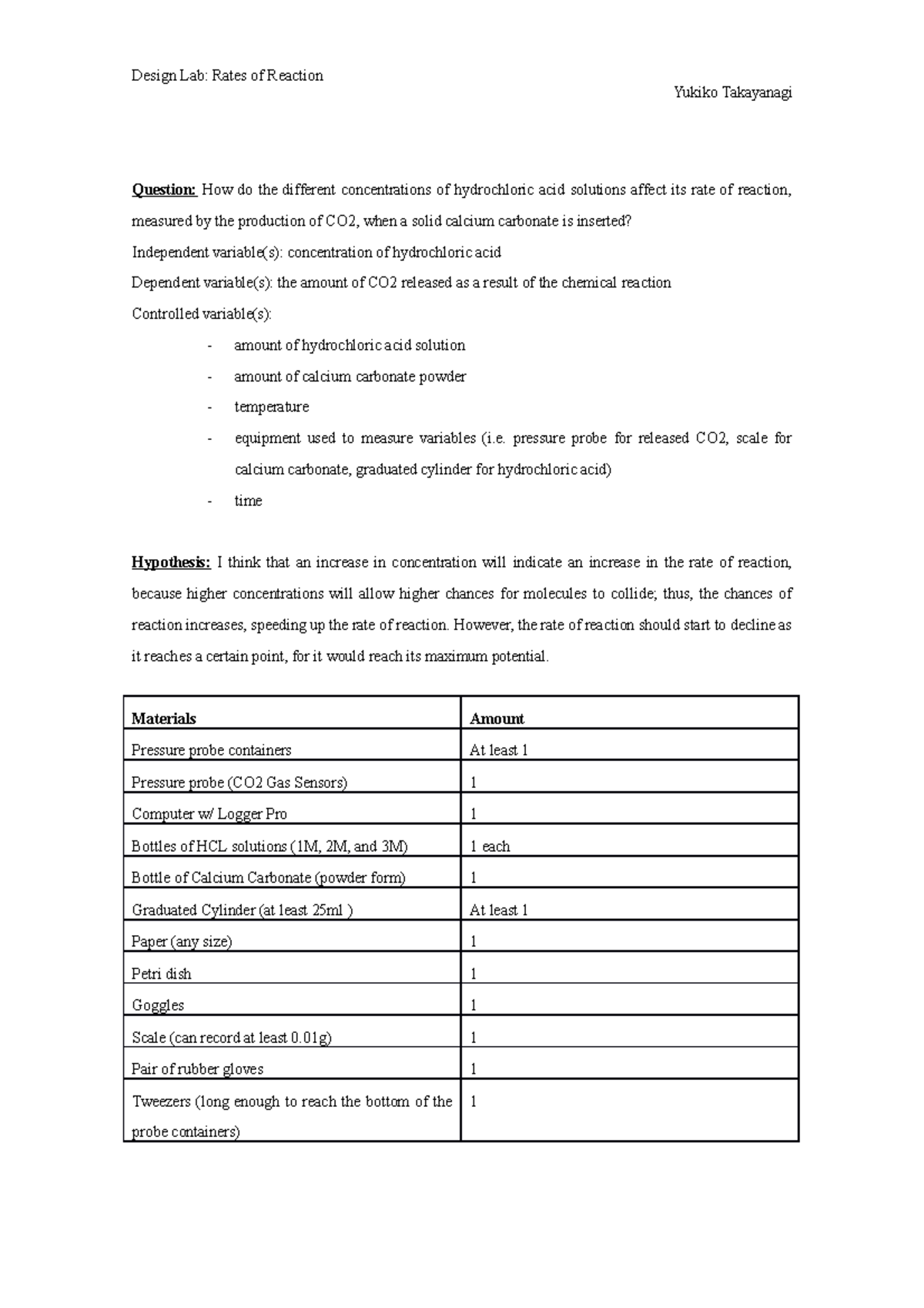 Example of Rate of Reaction Lab Report Yukiko Takayanagi Question
