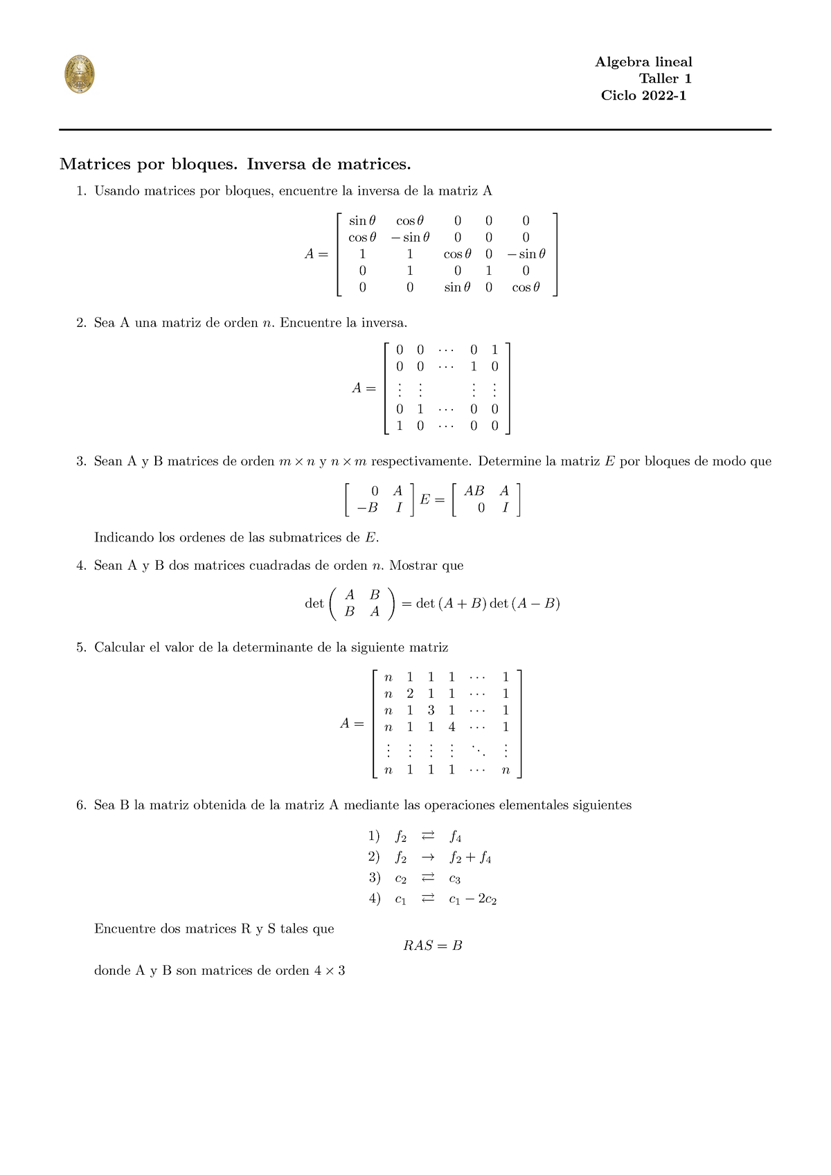 1 Taller BMA 03H - Algebra Lineal Taller 1 Ciclo 2022- Matrices Por ...