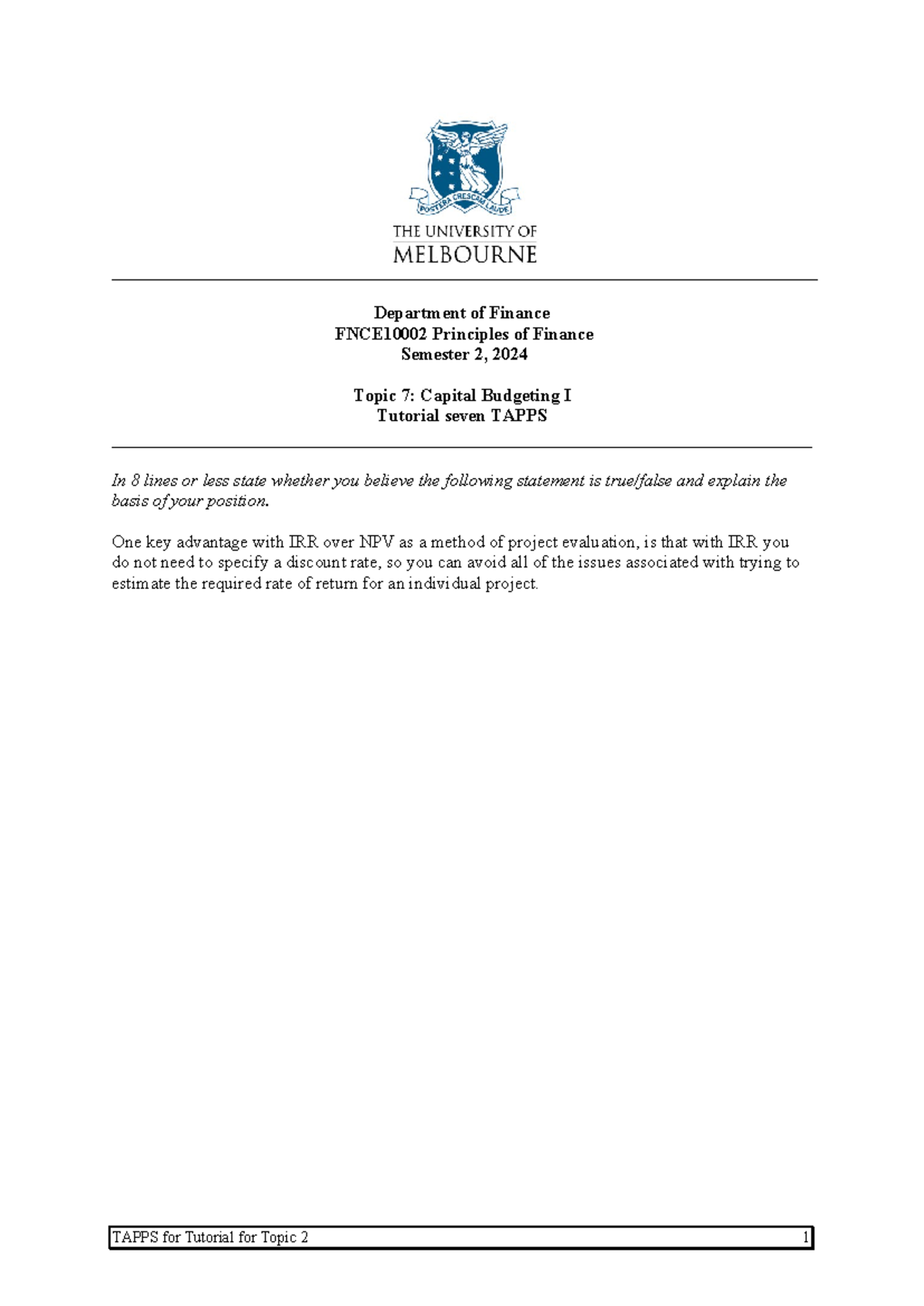 Tutorial 7 Tapps with solution - Department of Finance FNCE10002 ...