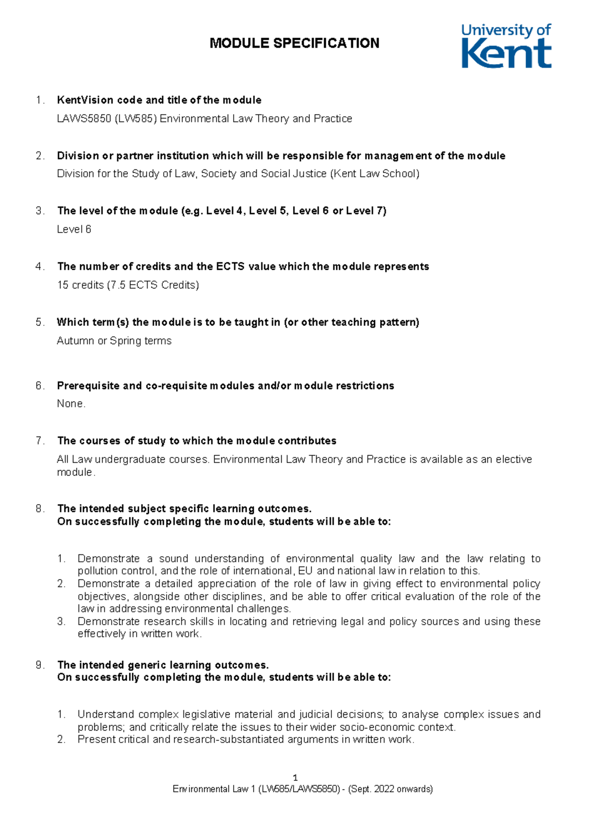 LAWS5850 - Environmental law module guide - 1. KentVision code and ...
