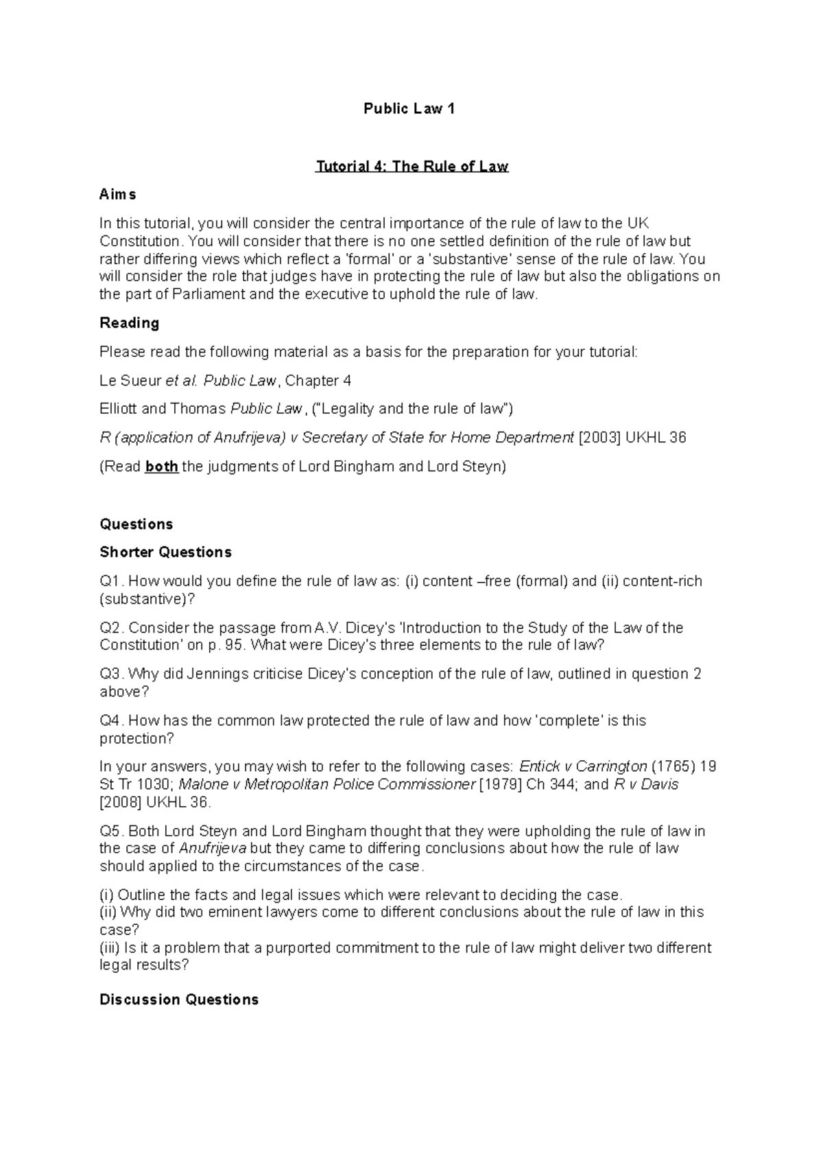 Tutorial 4 - Rule of Law - Public Law 1 Tutorial 4: The Rule of Law ...